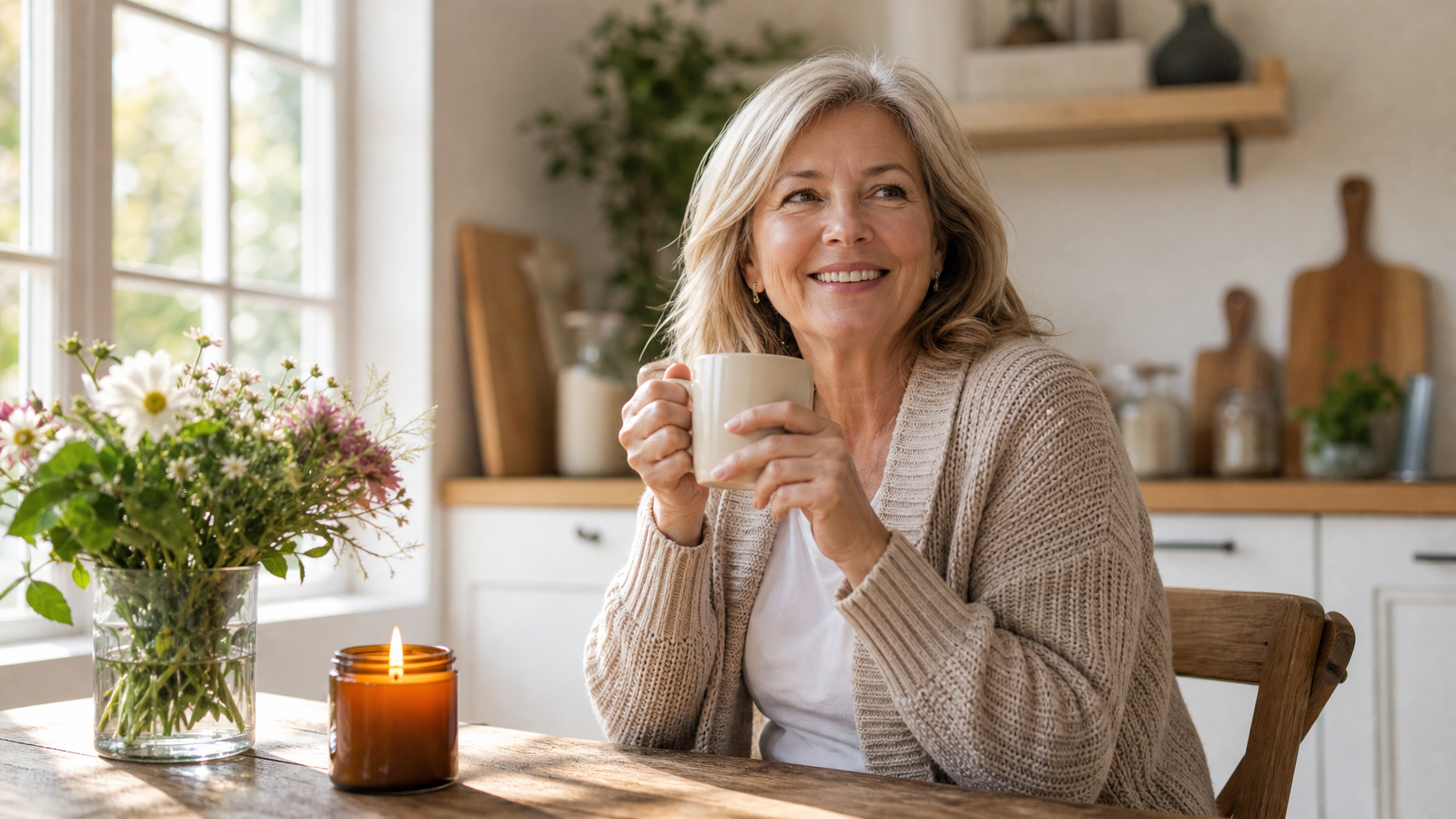Woman sitting at a sunlit kitchen table holding a coffee mug, looking relaxed and content