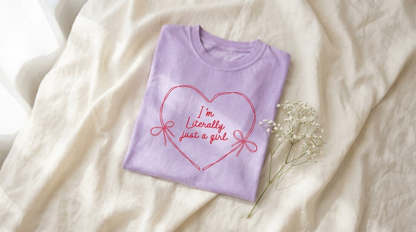 Folded orchid I'm Literally Just A Girl graphic tee on rumpled ivory linen with baby's breath sprig – Peachy Sunday Journal hero