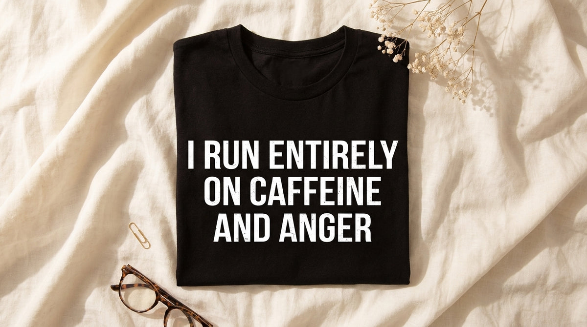 I Run Entirely On Caffeine And Anger tee folded on rumpled ivory linen with baby's breath sprig and glasses – Peachy Sunday sarcastic desk essentials
