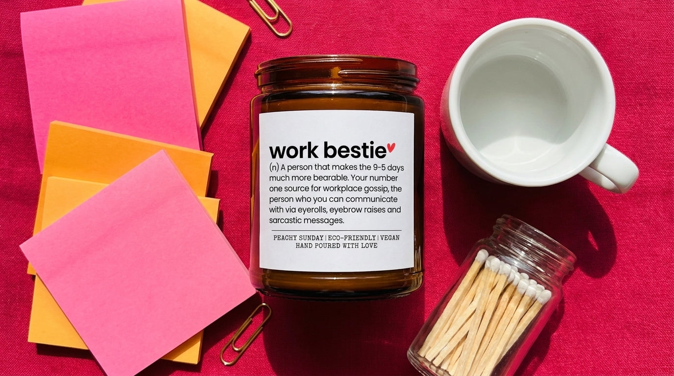 Work Bestie soy candle flat-laid on raspberry fabric with sticky notes, coffee mug, and matches – Peachy Sunday coworker gift idea