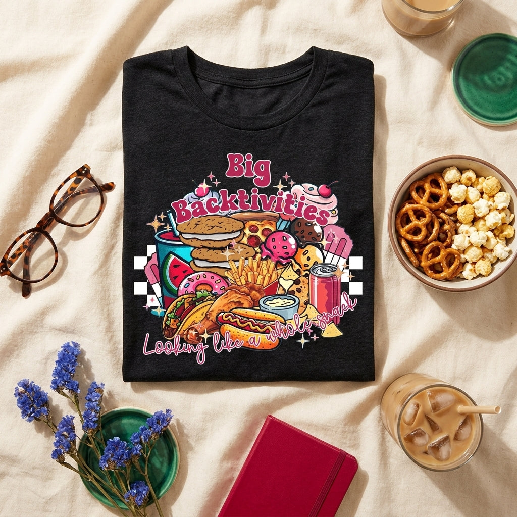Cozy UGC product flat lay on cream linen featuring the Big Backtivities graphic tee with an iced coffee and snacks