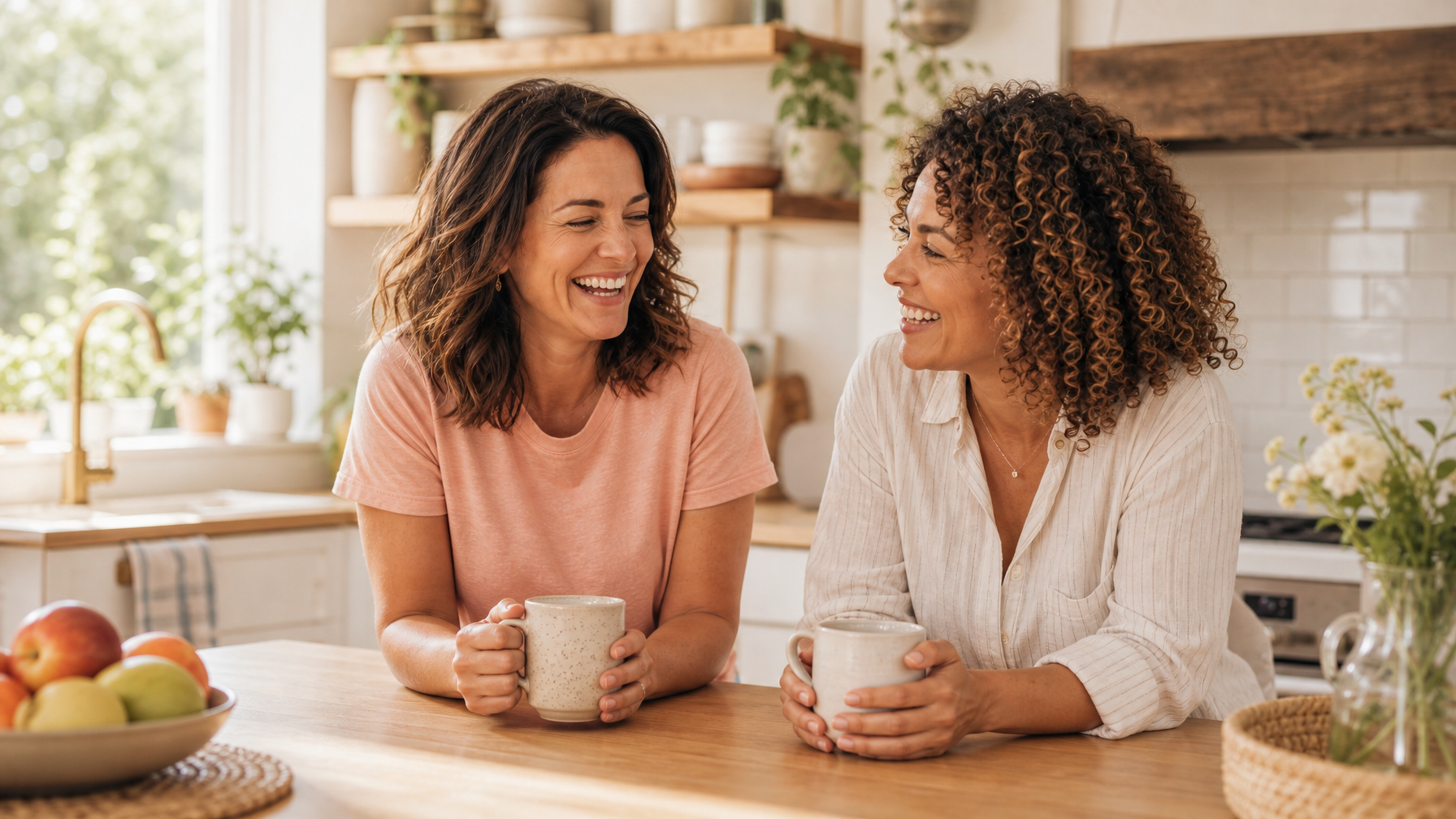 Two women laughing together over coffee in a sunlit kitchen, warm best-friend lifestyle moment