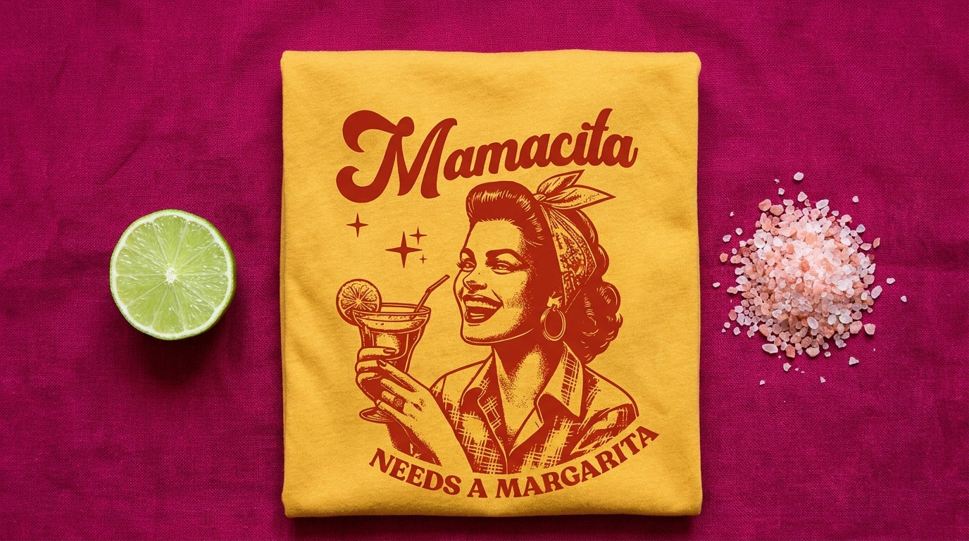 Mamacita Needs A Margarita Tee mustard flat-lay with lime and pink salt on magenta – Peachy Sunday bestselling funny mom gift
