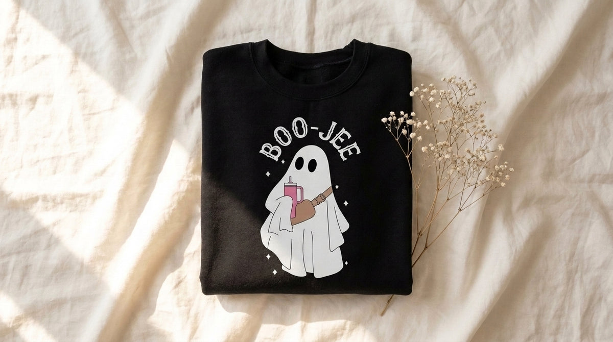 Folded black Boo Jee ghost sweatshirt on rumpled ivory linen with baby's breath sprig – Peachy Sunday Journal autumn graphic pullover styling guide