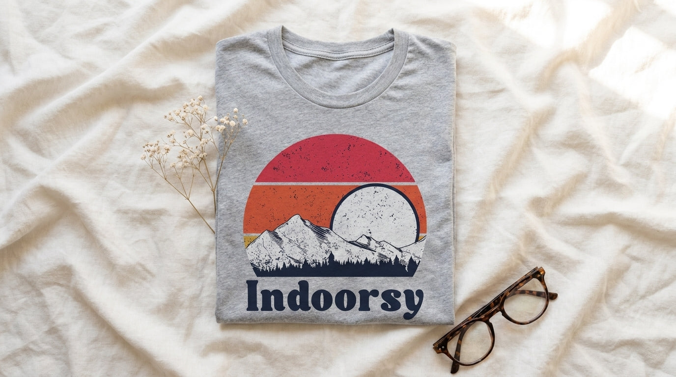 Indoorsy athletic heather graphic tee folded on rumpled ivory linen with baby's breath – Peachy Sunday cozy gifts for introverts
