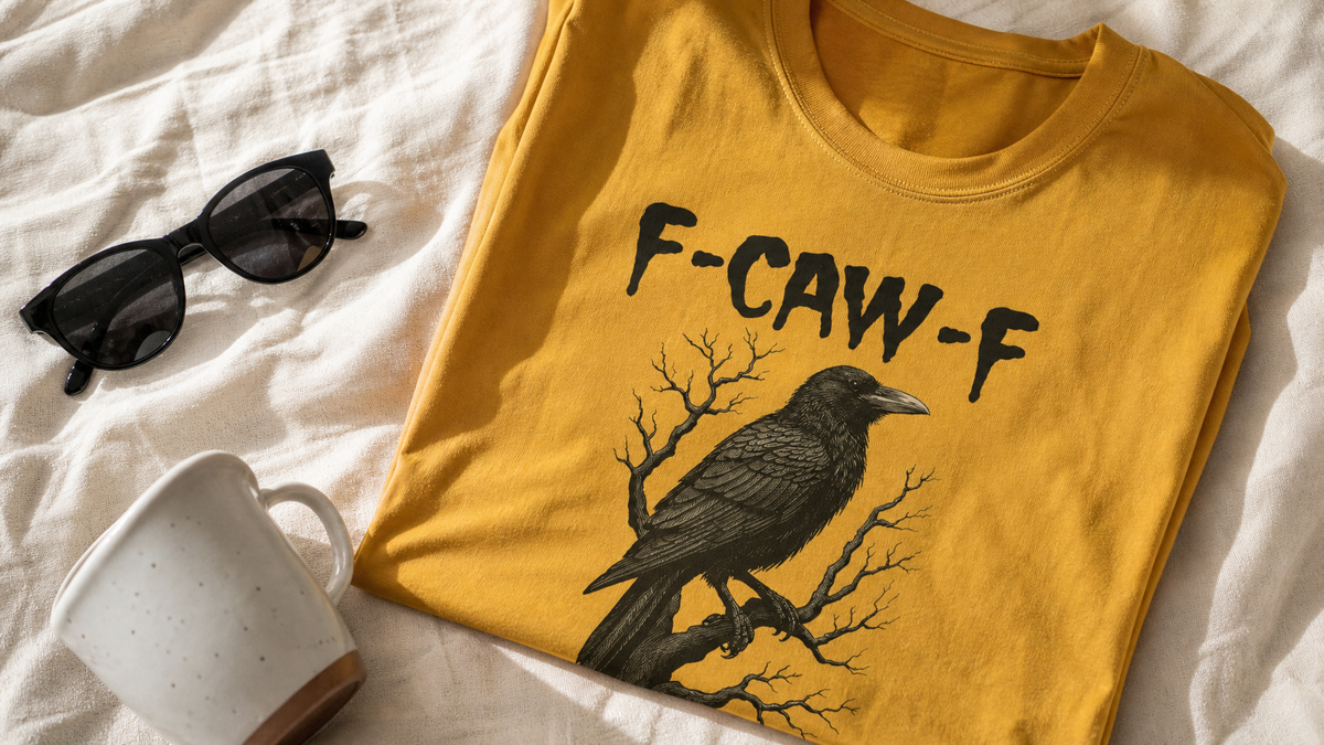 Mustard F Caw F graphic tee with sunglasses and coffee mug on cream linen, UGC flat lay
