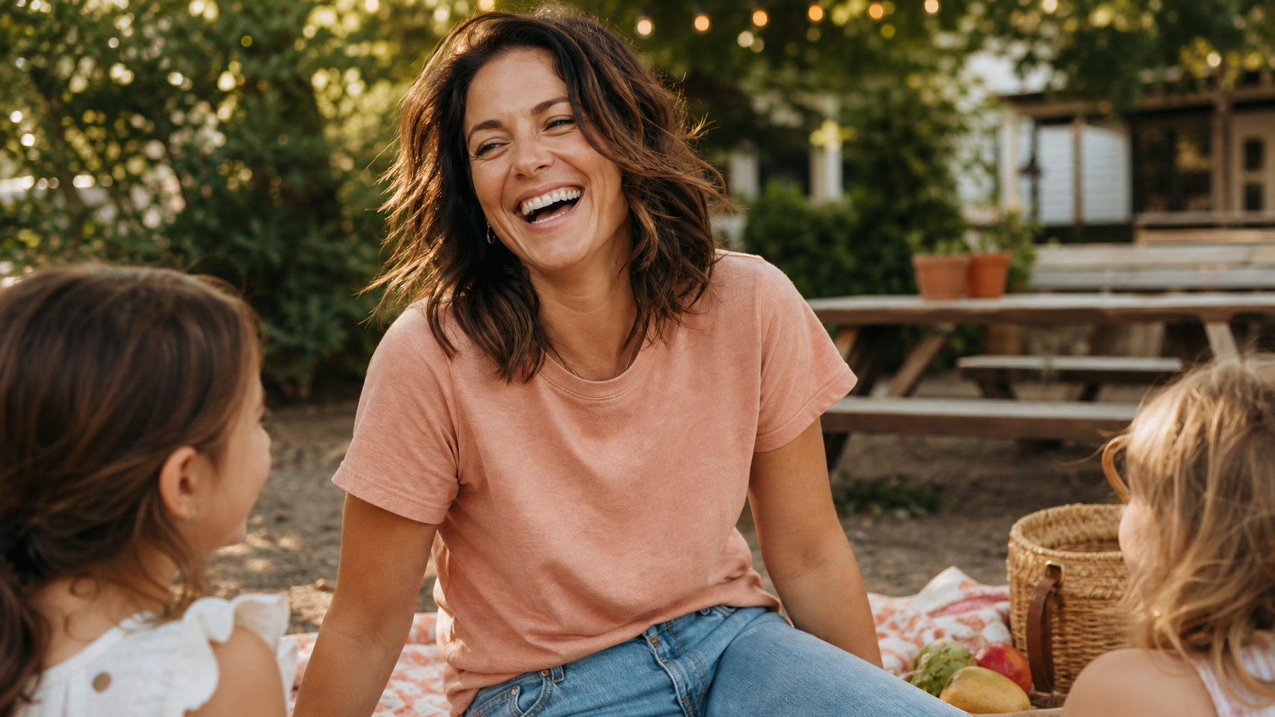 Woman laughing outdoors with kids in warm late-summer light, fun aunt energy