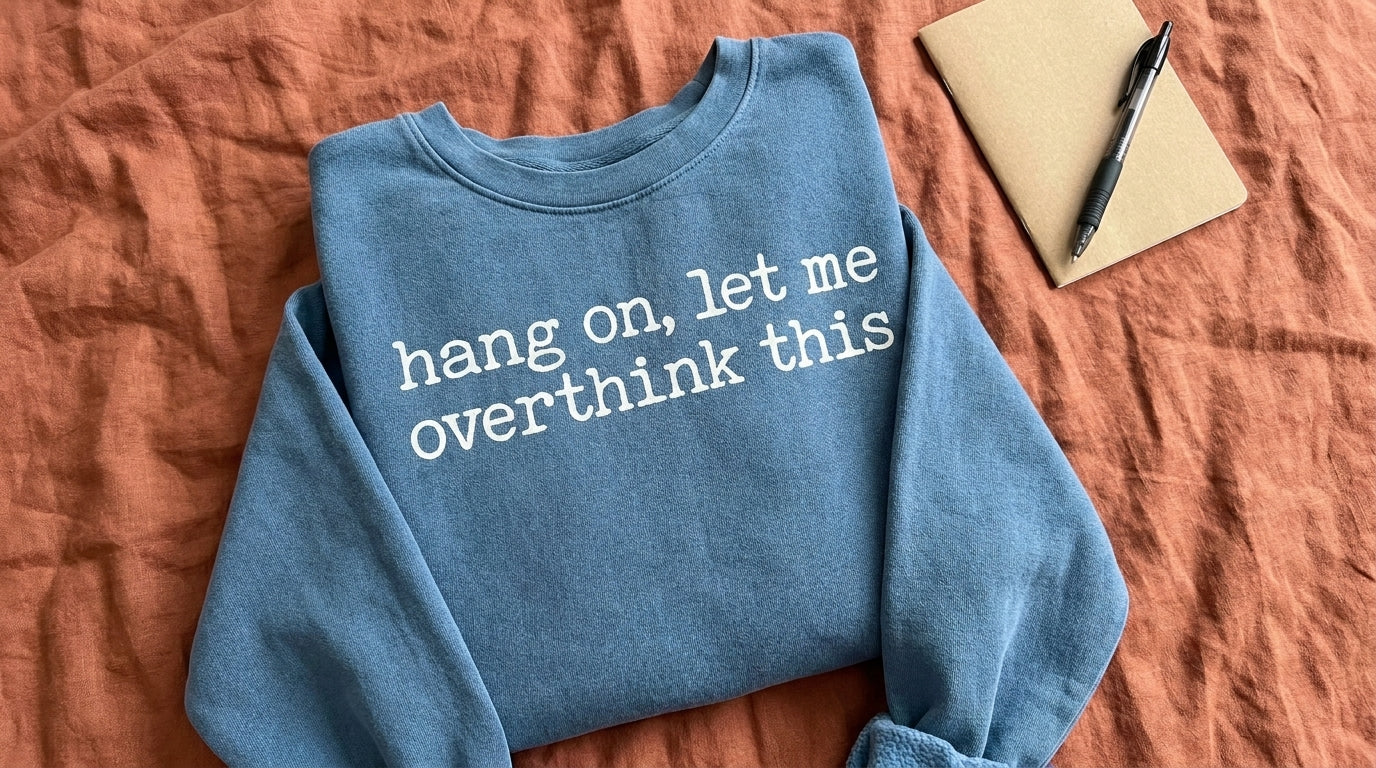 Hang On Let Me Overthink This denim sweatshirt on terracotta linen with notebook – Peachy Sunday funny overthinking gift