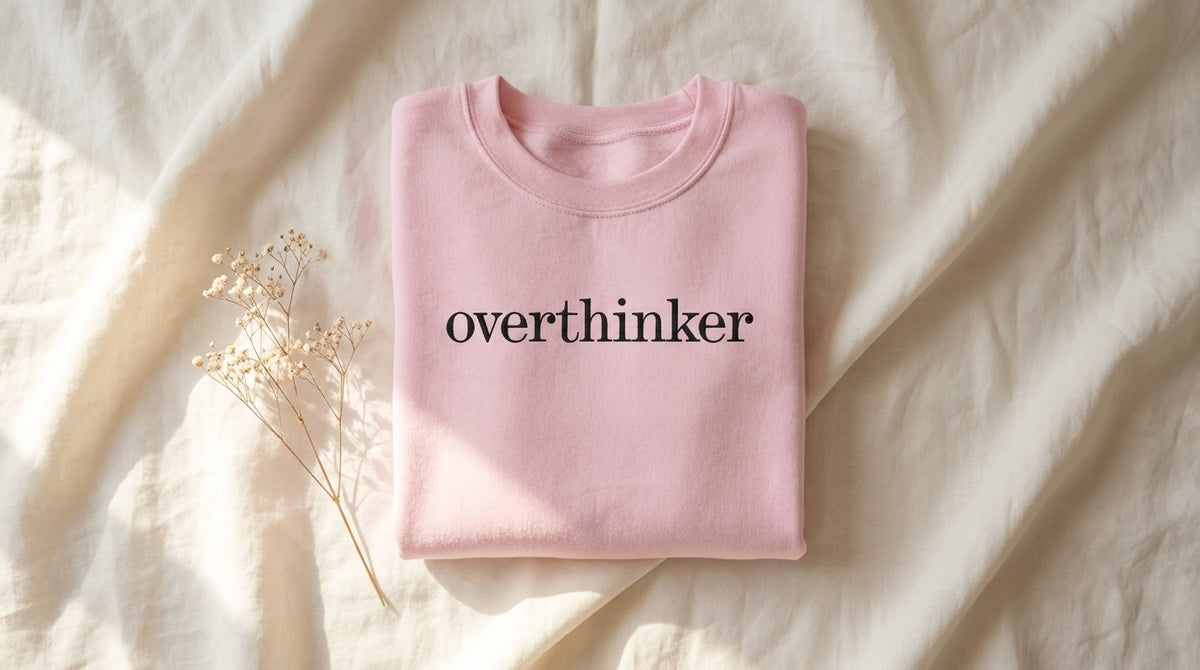 Light pink embroidered overthinker sweatshirt folded neatly on rumpled ivory linen with baby's breath sprig – Peachy Sunday Journal fall reset checklist
