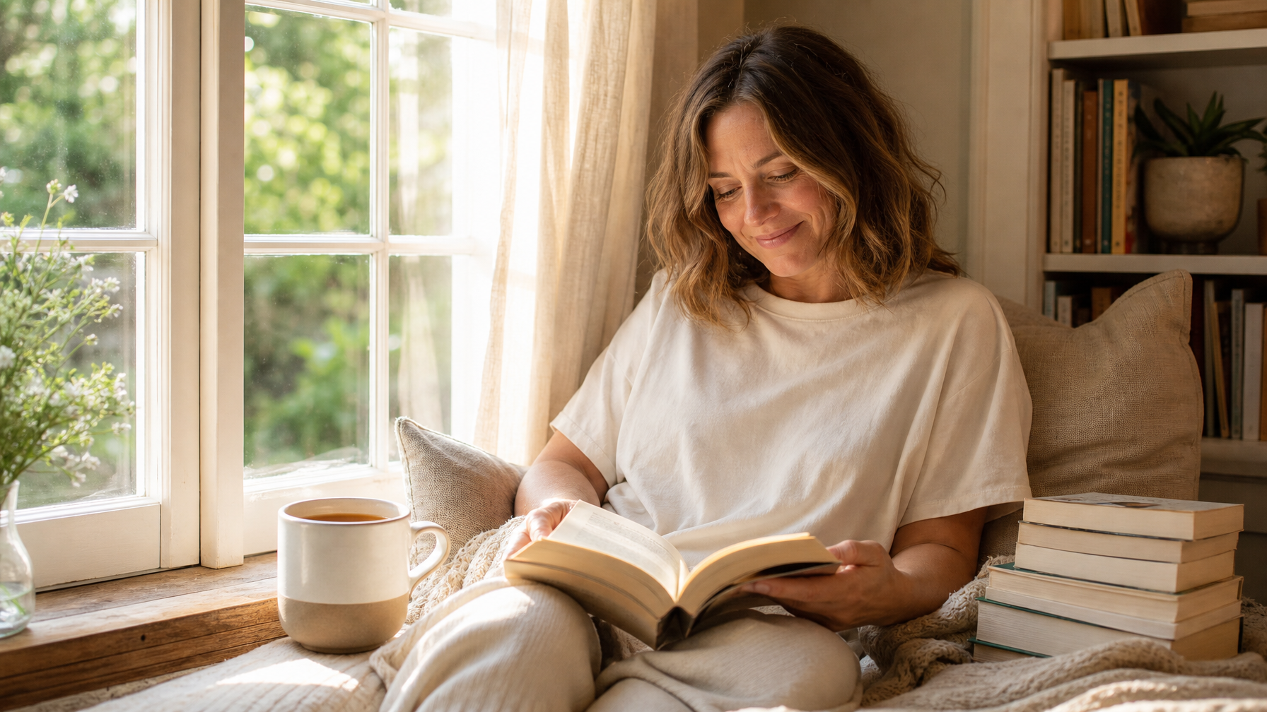 Woman reading a paperback by a sunlit window with a mug nearby, cozy bookish lifestyle