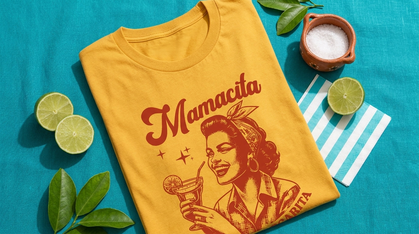 Mamacita Needs A Margarita mustard tee on teal linen with limes, salt cellar, and cocktail napkin – Peachy Sunday funny mom shirt
