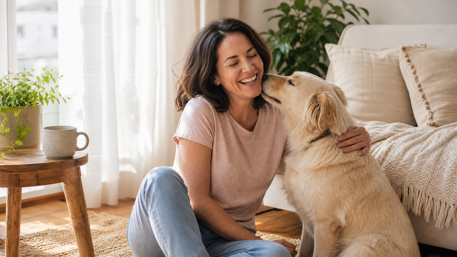 Woman laughing on a sunlit living room floor with her dog leaning in, cozy dog mom lifestyle