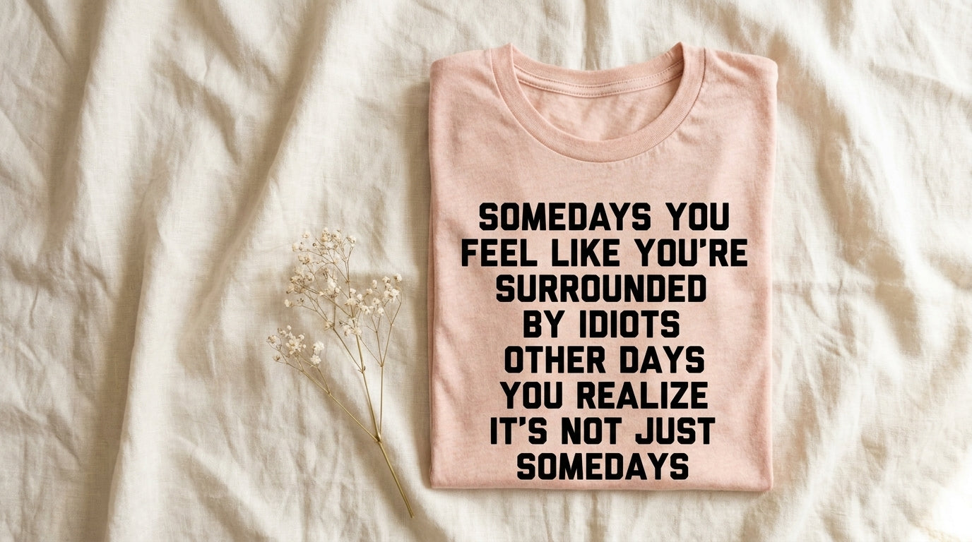 Somedays You Feel Like You're Surrounded By Idiots peach graphic tee folded on rumpled ivory linen with baby's breath – Peachy Sunday funny coworker gifts