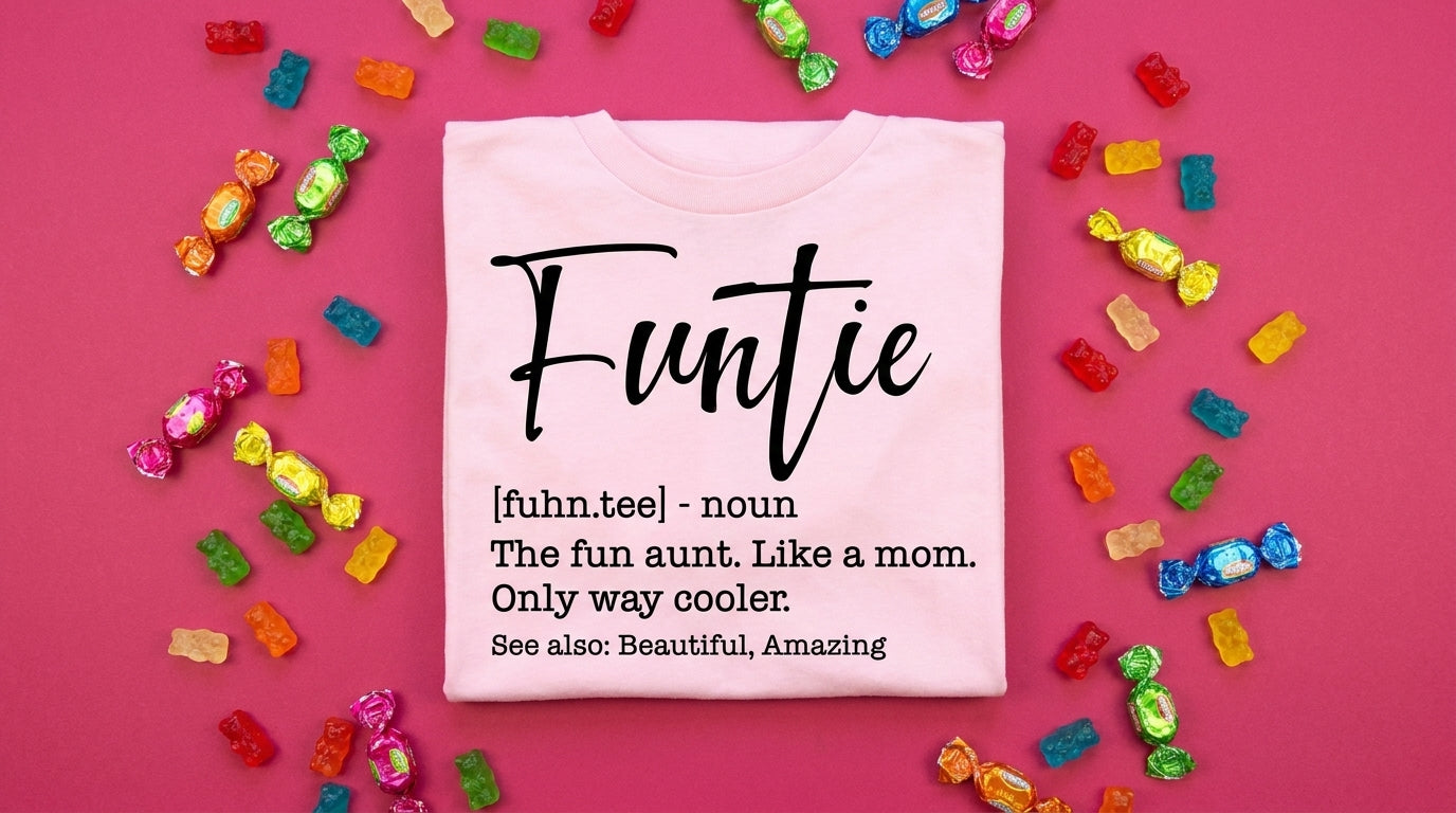 Funtie Definition Tee pink flat-lay on fuchsia with gummy bears and candy – Peachy Sunday funny fun aunt shirt
