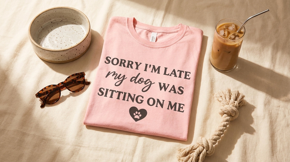 Dog Mom Life tee UGC flat lay on cream linen with coffee, sunglasses, and dog bowl – Peachy Sunday dog mom gift guide