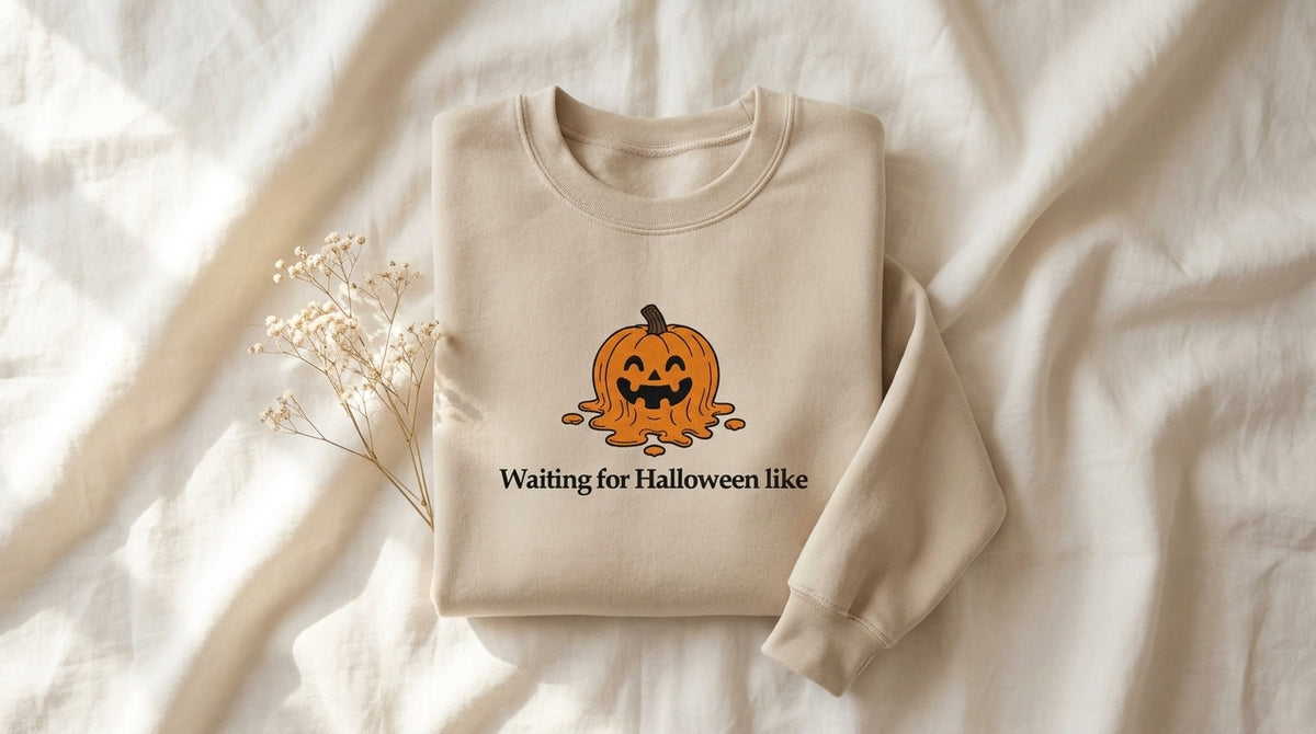Folded sand Waiting for Halloween like sweatshirt on rumpled ivory linen with baby's breath sprig – Peachy Sunday Journal featured hero