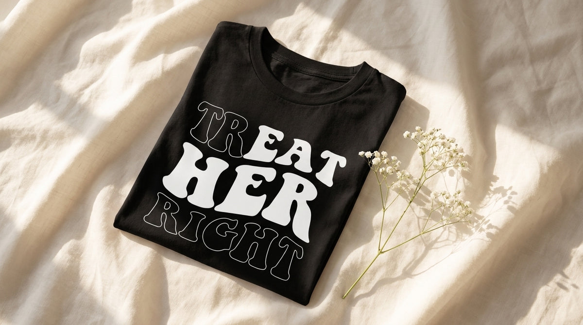 Folded black graphic tee with Treat Her Right retro bubble lettering on rumpled ivory linen with baby's breath sprig – Peachy Sunday Journal hero