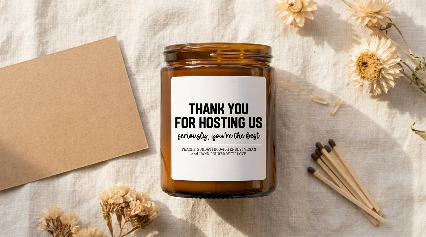Thank You For Hosting Us candle flat-laid on cream linen with a blank kraft card, dried flowers, and matches – Peachy Sunday thank-you gift idea