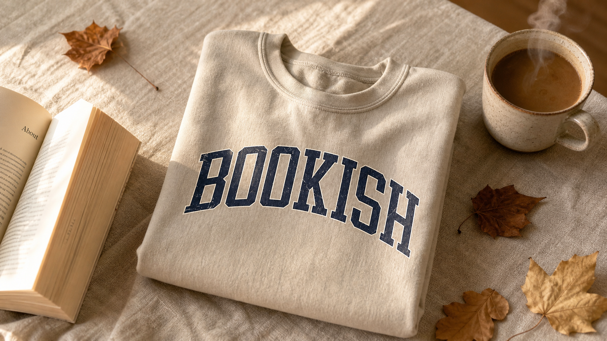 Cozy November flat lay with a Bookish sweatshirt, open paperback, warm coffee, and dried autumn leaves on cream linen
