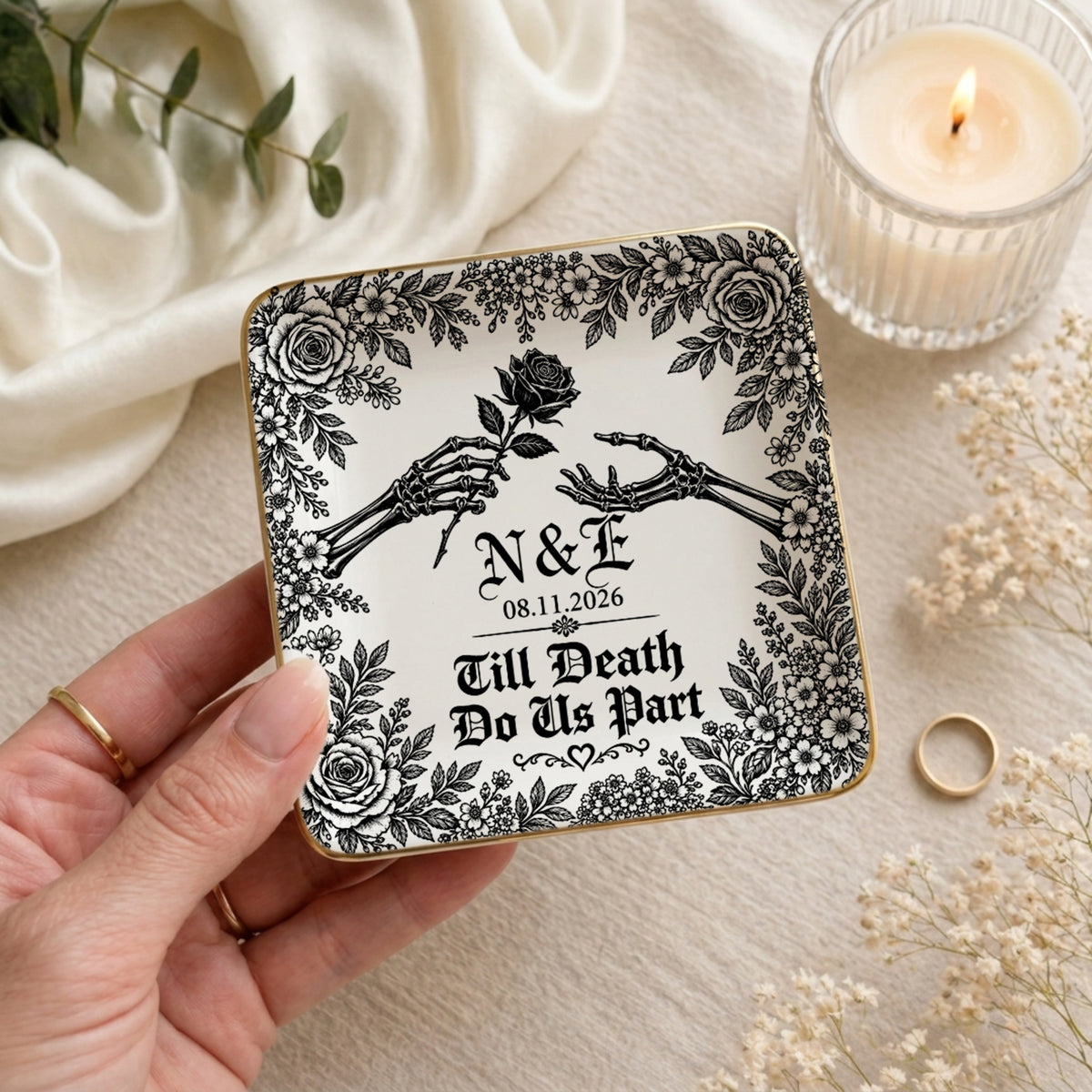 Personalized Till Death Do Us Part Skeleton Hand Ring Dish