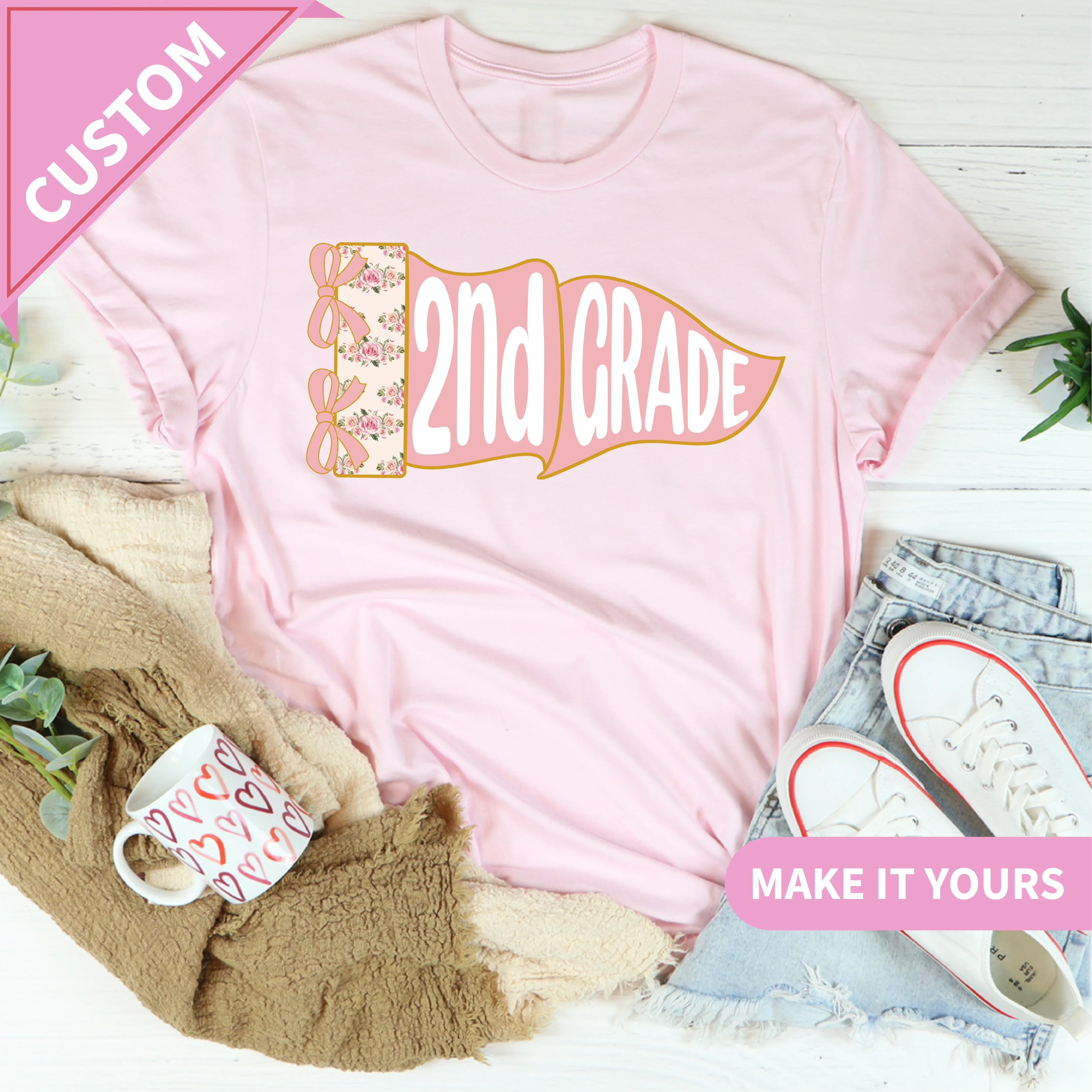 2nd Grade Teacher Cute Floral Pennant For Women Educators Custom Grade Level Back to School Tee Printify T-Shirt T-Shirt