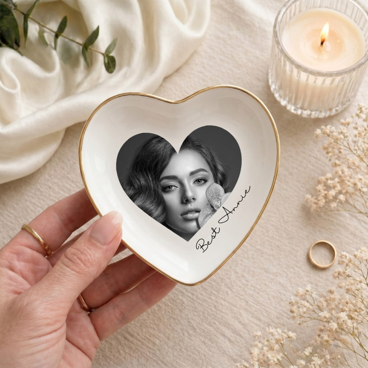 Heart shaped personalized best friend photo jewelry tray