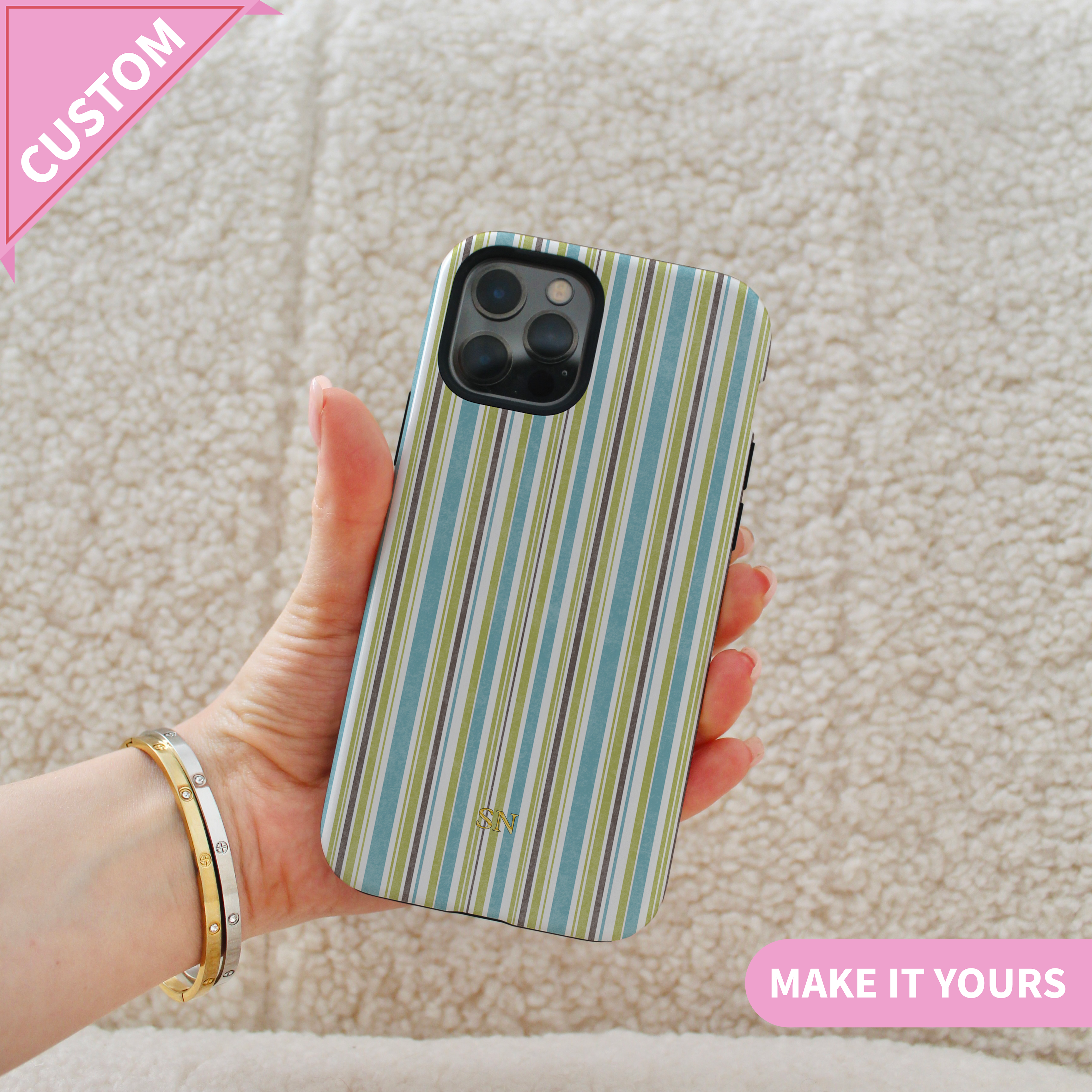 Personalized Pastel Striped Monogram Gold Effect Phone Cover