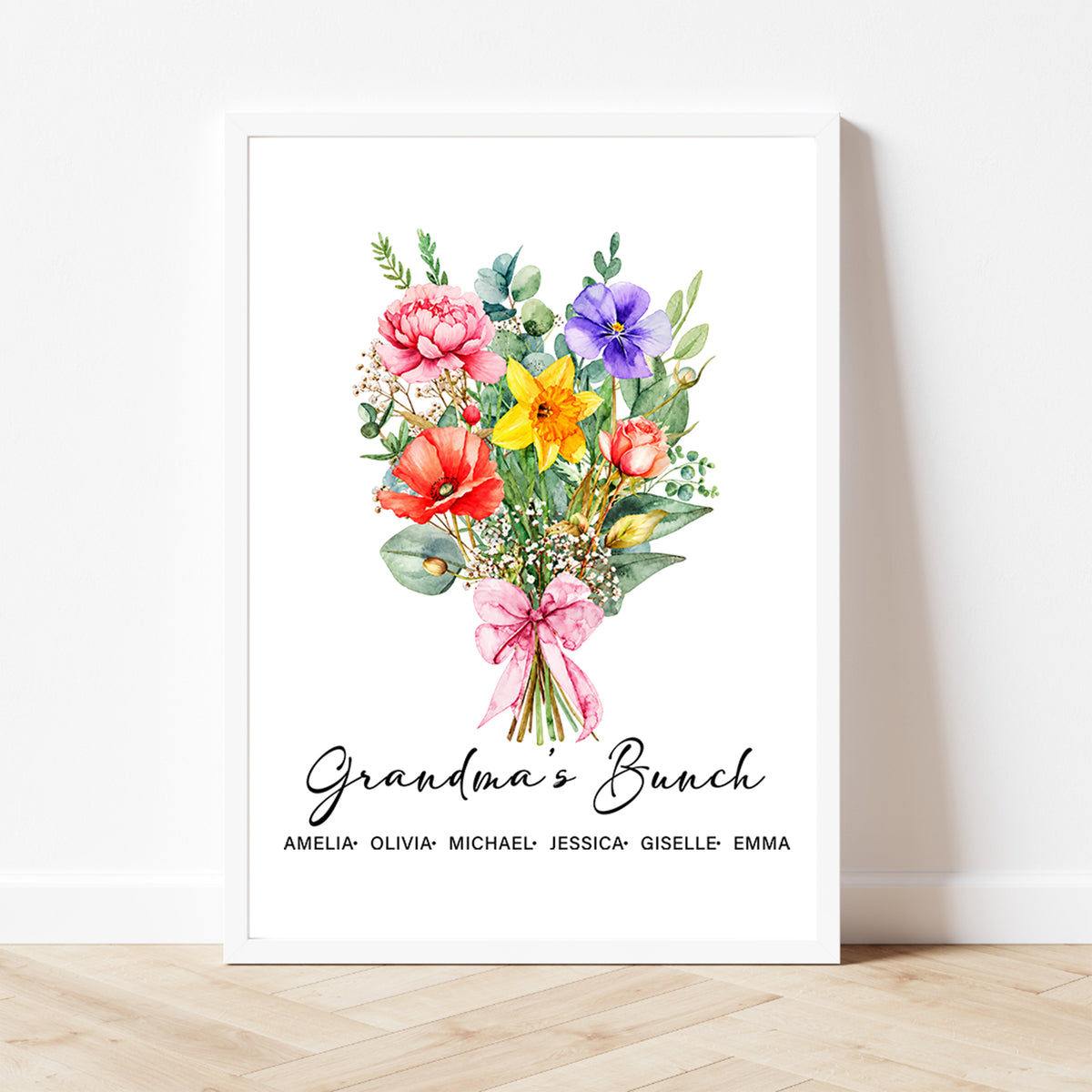 Affiche murale personnalisée de fleurs de naissance de la famille en bouquet