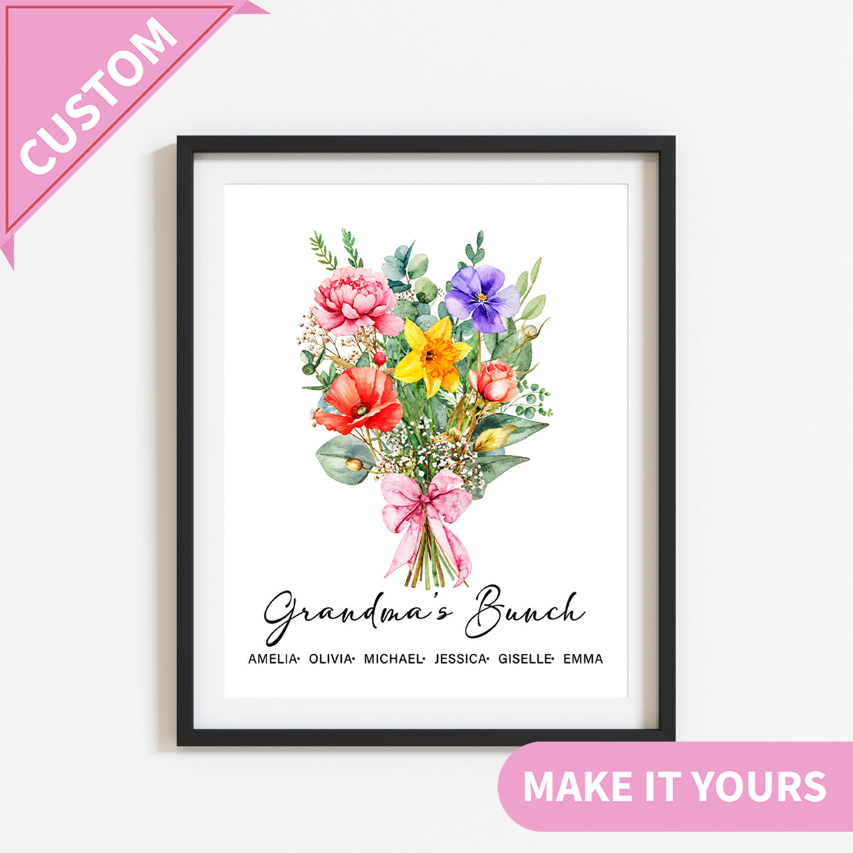 Affiche murale personnalisée de fleurs de naissance de la famille en bouquet