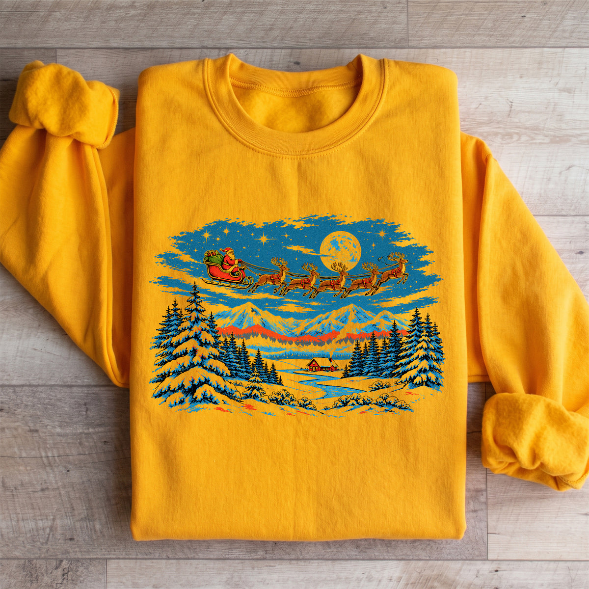 Vintage Snow Scene Christmas holiday fleece sweatshirt in gold