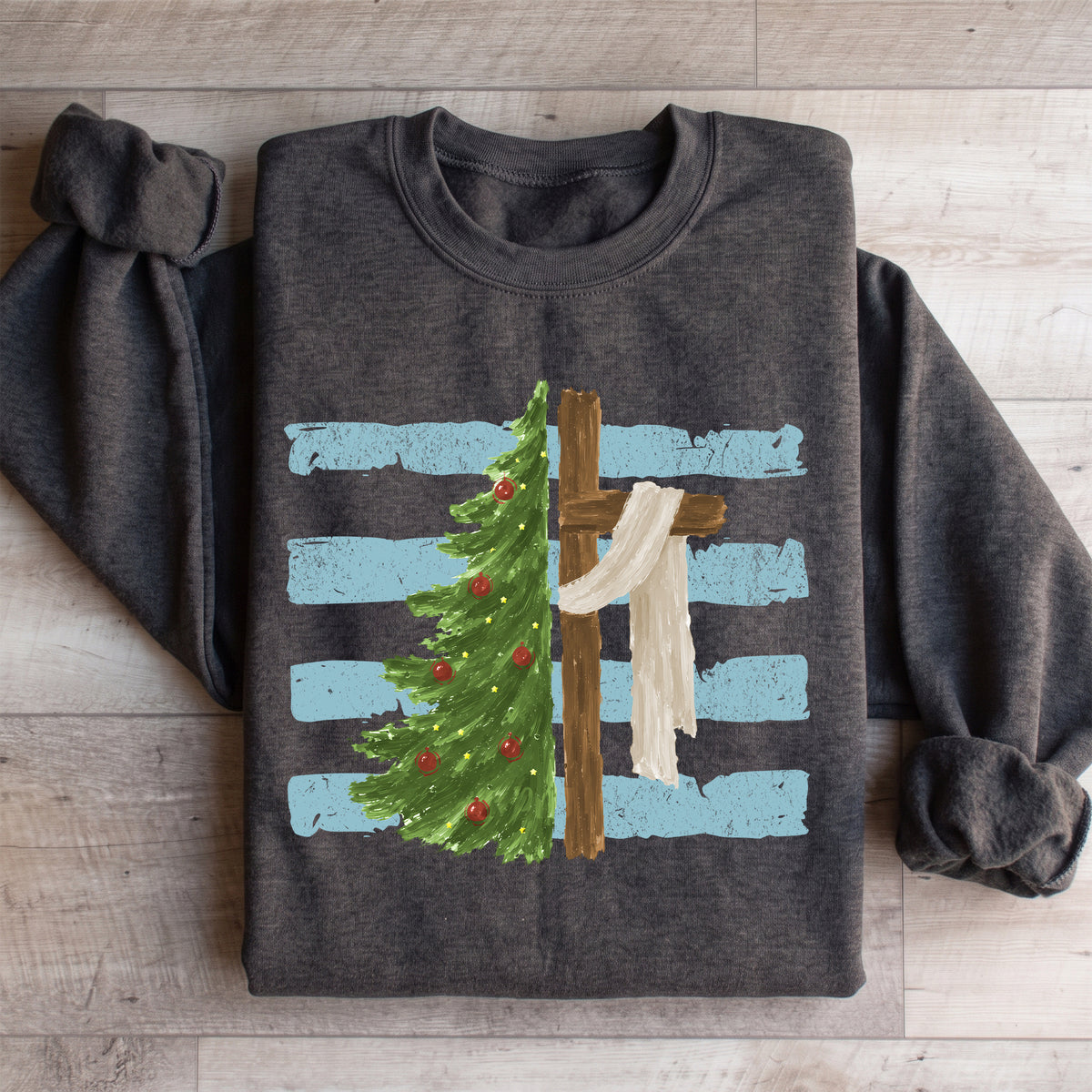 Festlicher Crewneck-Pullover für den christlichen Glauben – \"Weihnachtsbaum-Kreuz\"