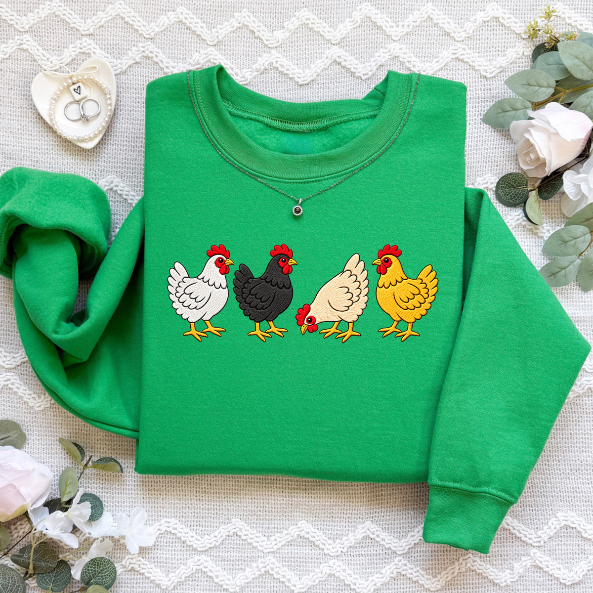 Embroidered Chicken crewneck sweatshirt in forest green featuring textured farm chicken embroidery