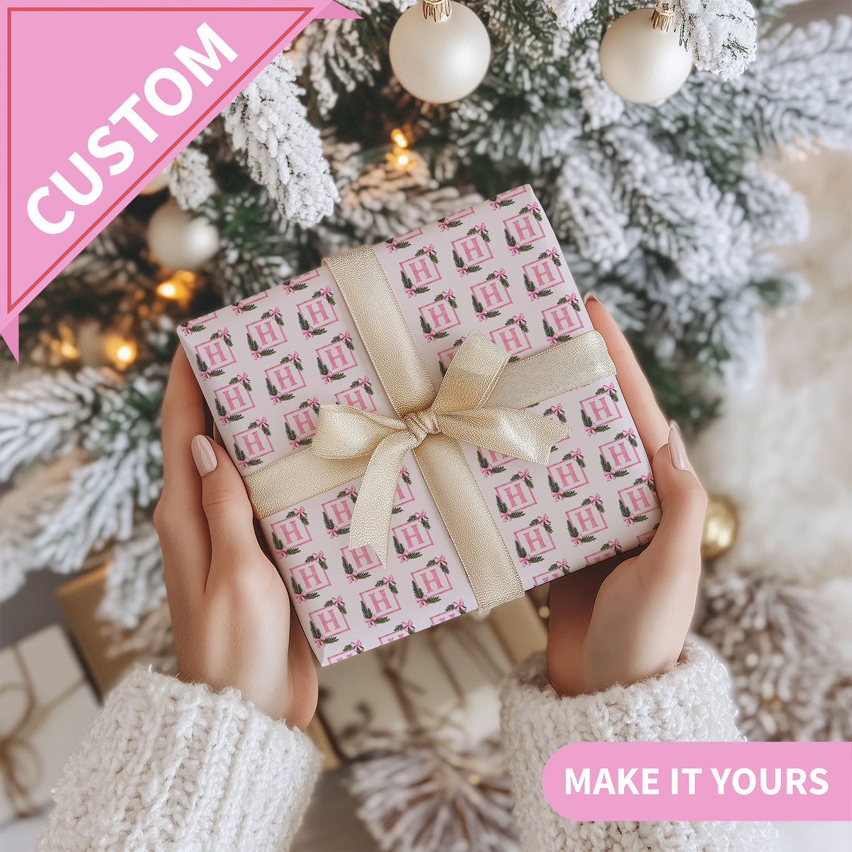 Personalized Pink Watercolor Monogram holiday wrapping paper with gold bow