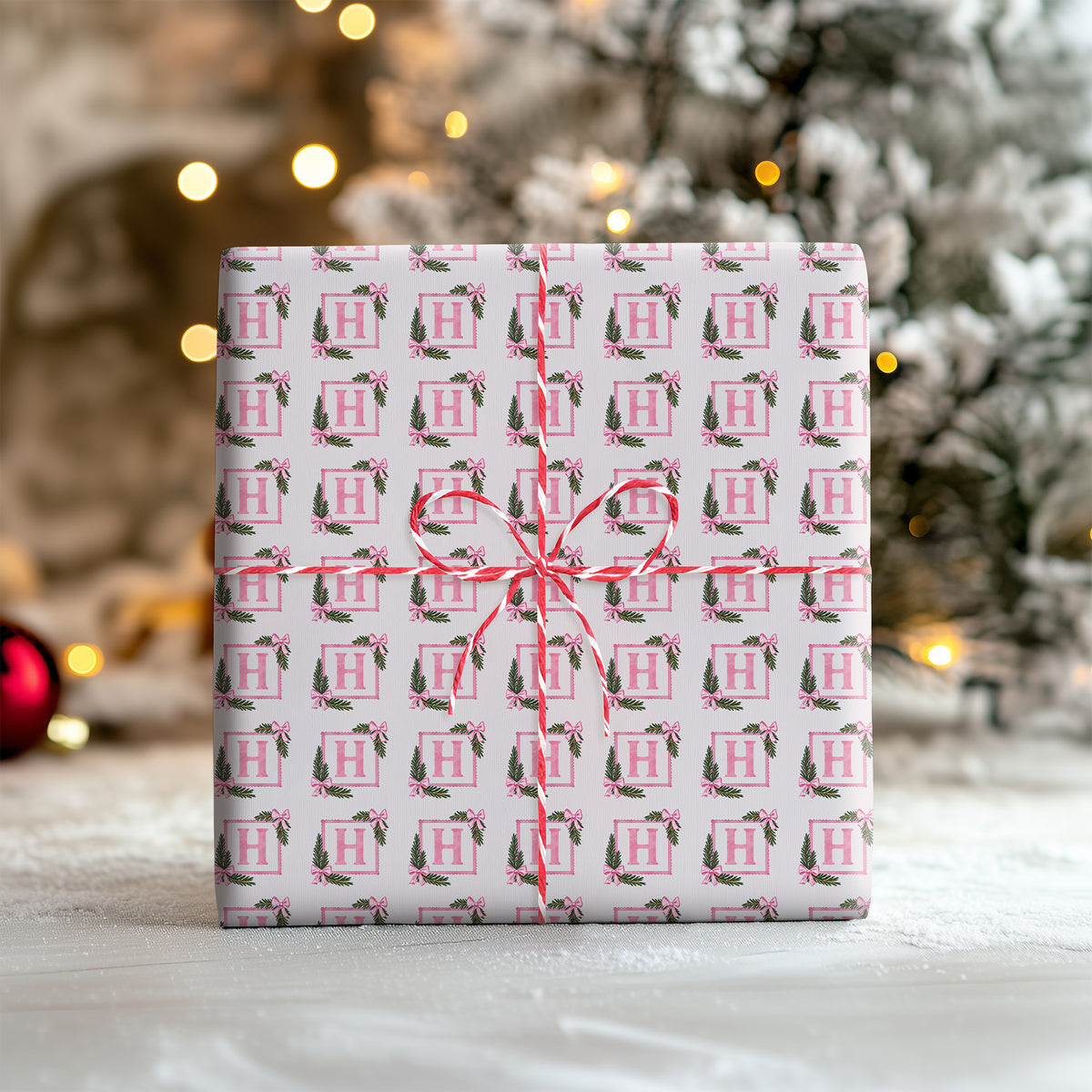Pink watercolor pine wreath monogram initial gift wrap roll
