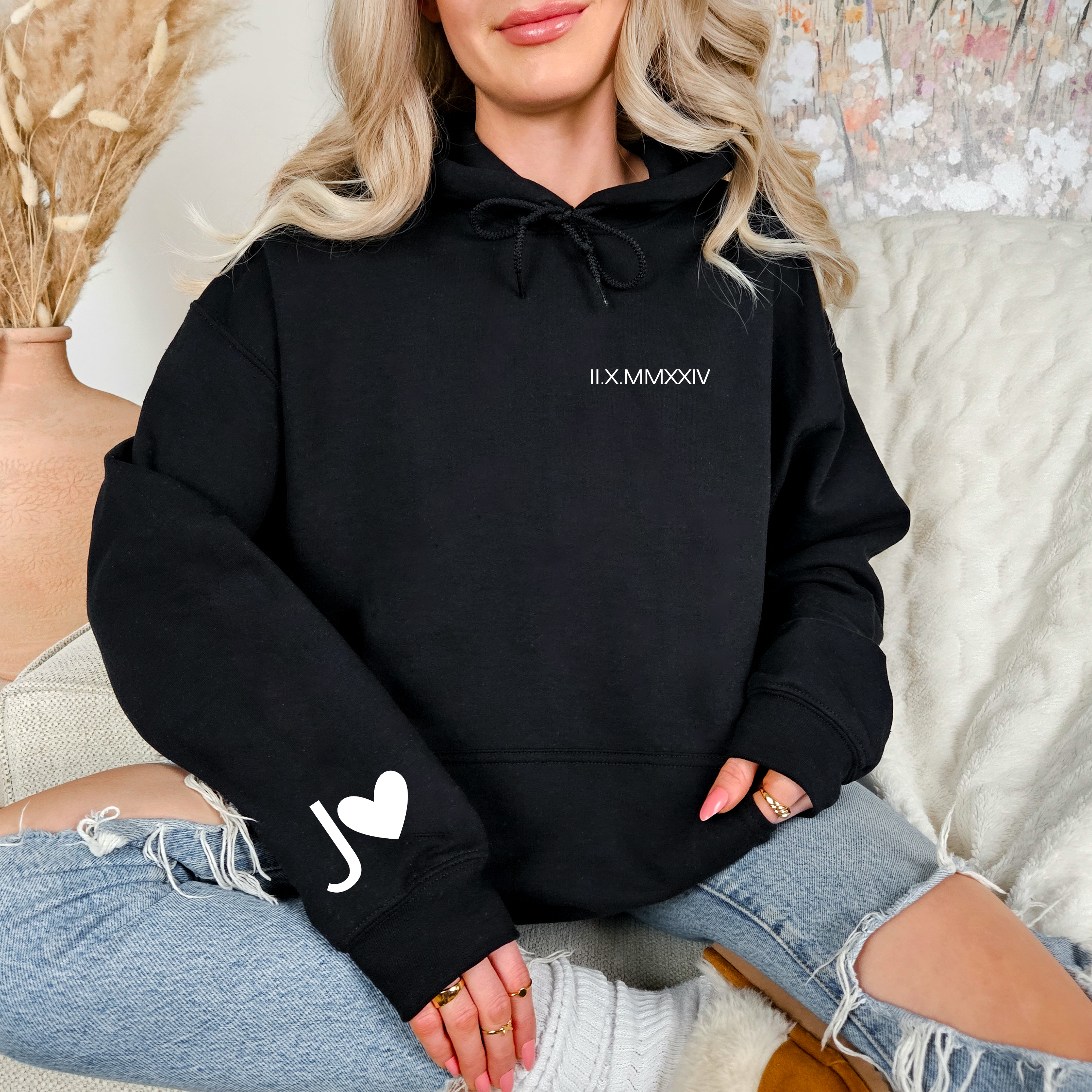 Personalized Embroidered Couples Roman Numeral Hoodie