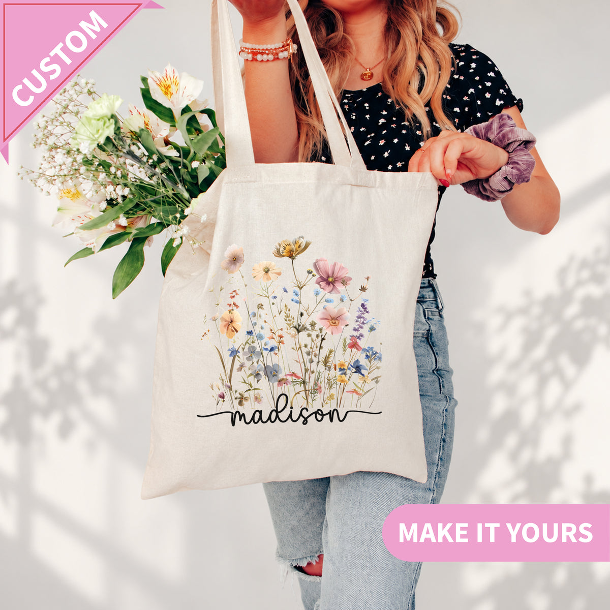 Sac fourre-tout personnalisé à motif de fleurs sauvages