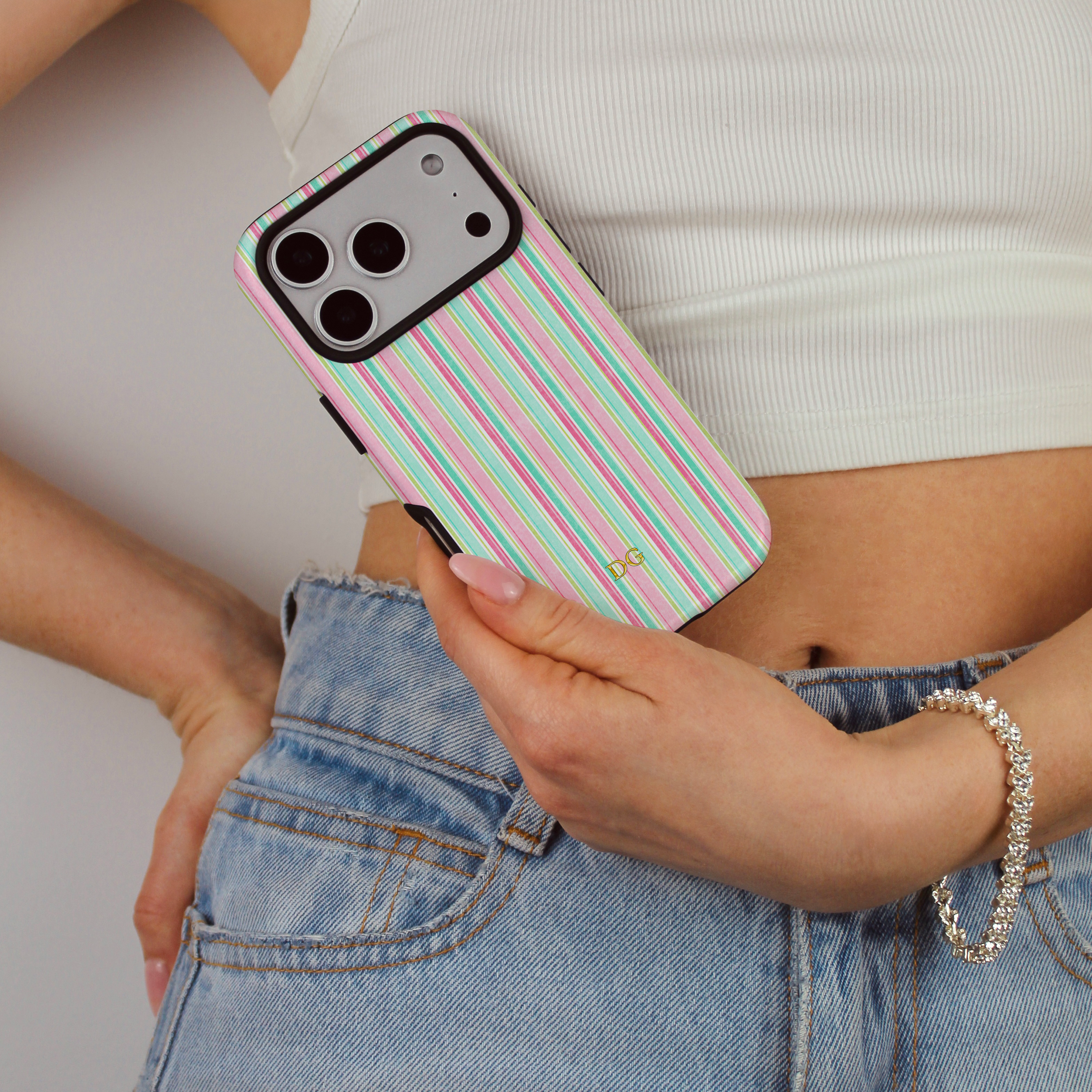 Personalized Pastel Striped Monogram Gold Effect Phone Cover