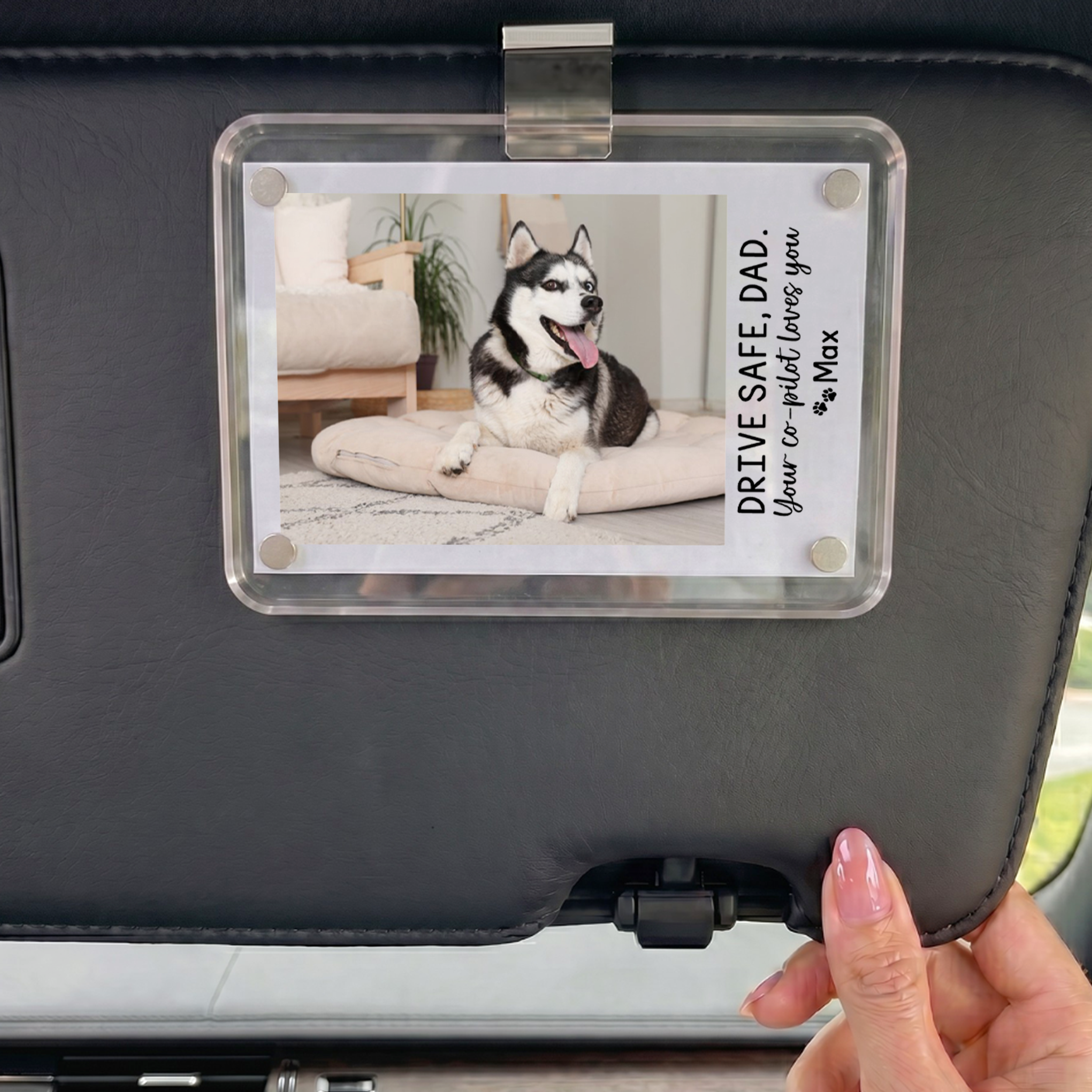 Personalized Drive Safe Dad Car Visor With Dog Photo Clip