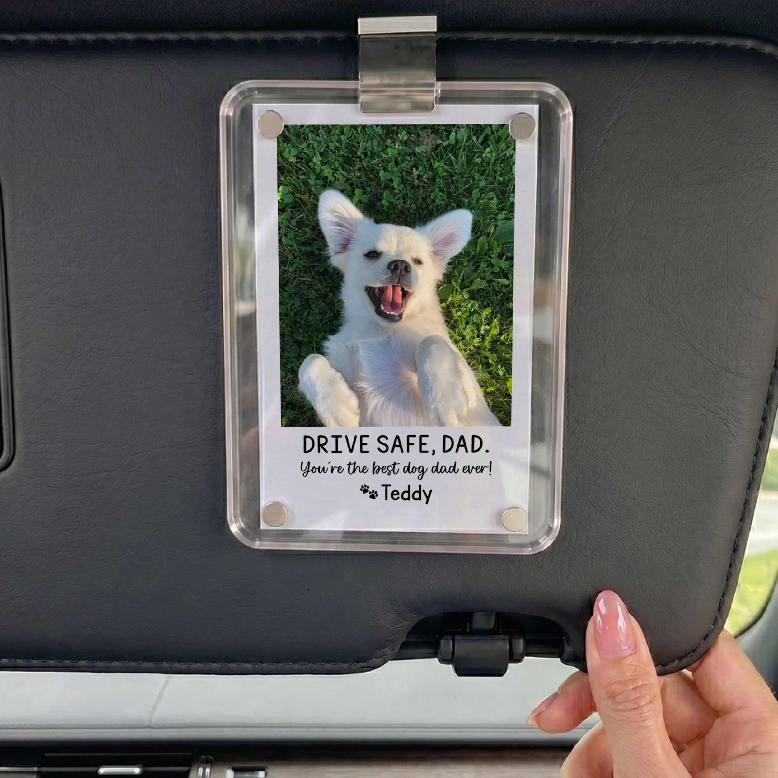 Personalized Drive Safe Dad Car Visor With Dog Photo Clip
