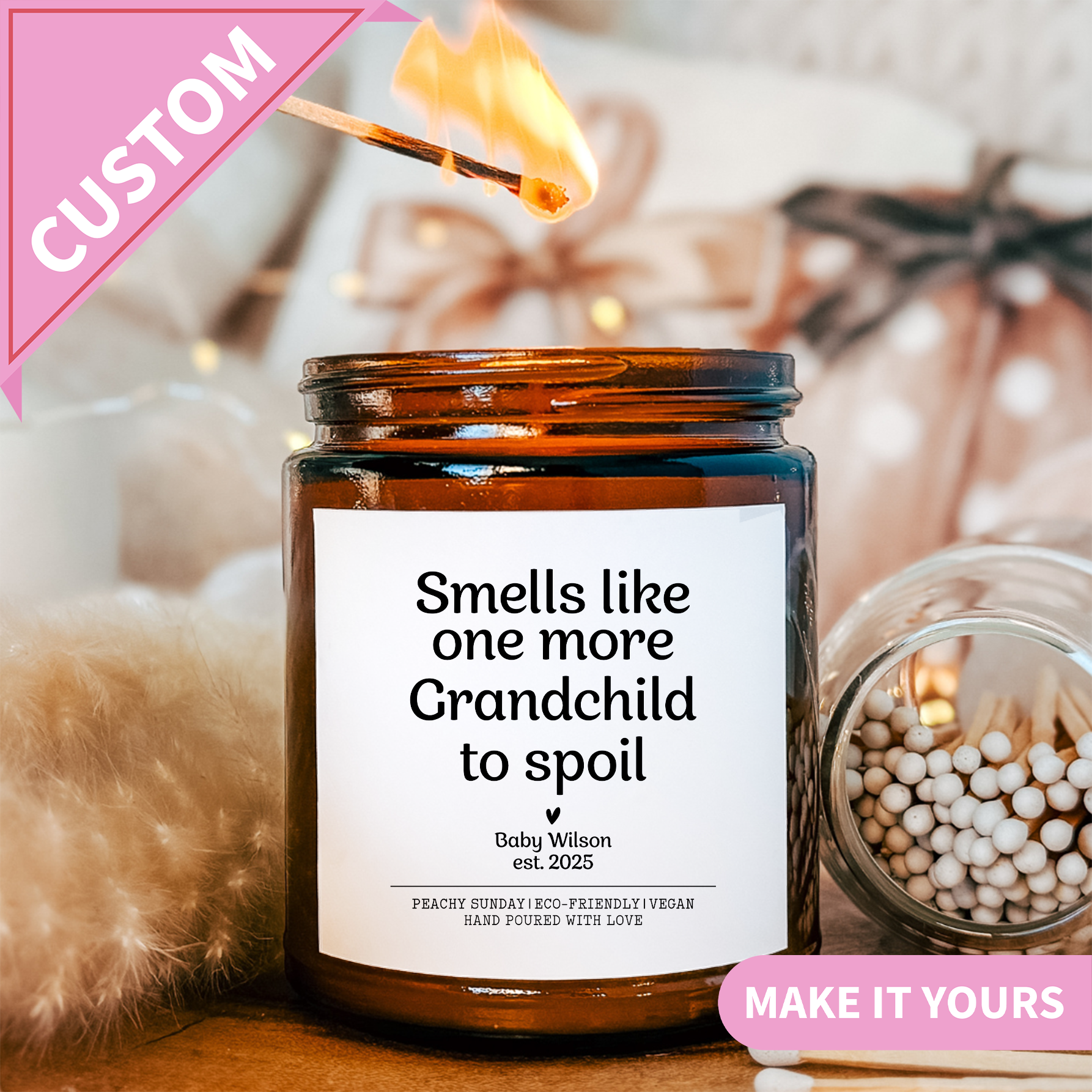 Personalized Smells Like Grandchild To Spoil candle group – Peachy Sunday pregnancy announcement gift