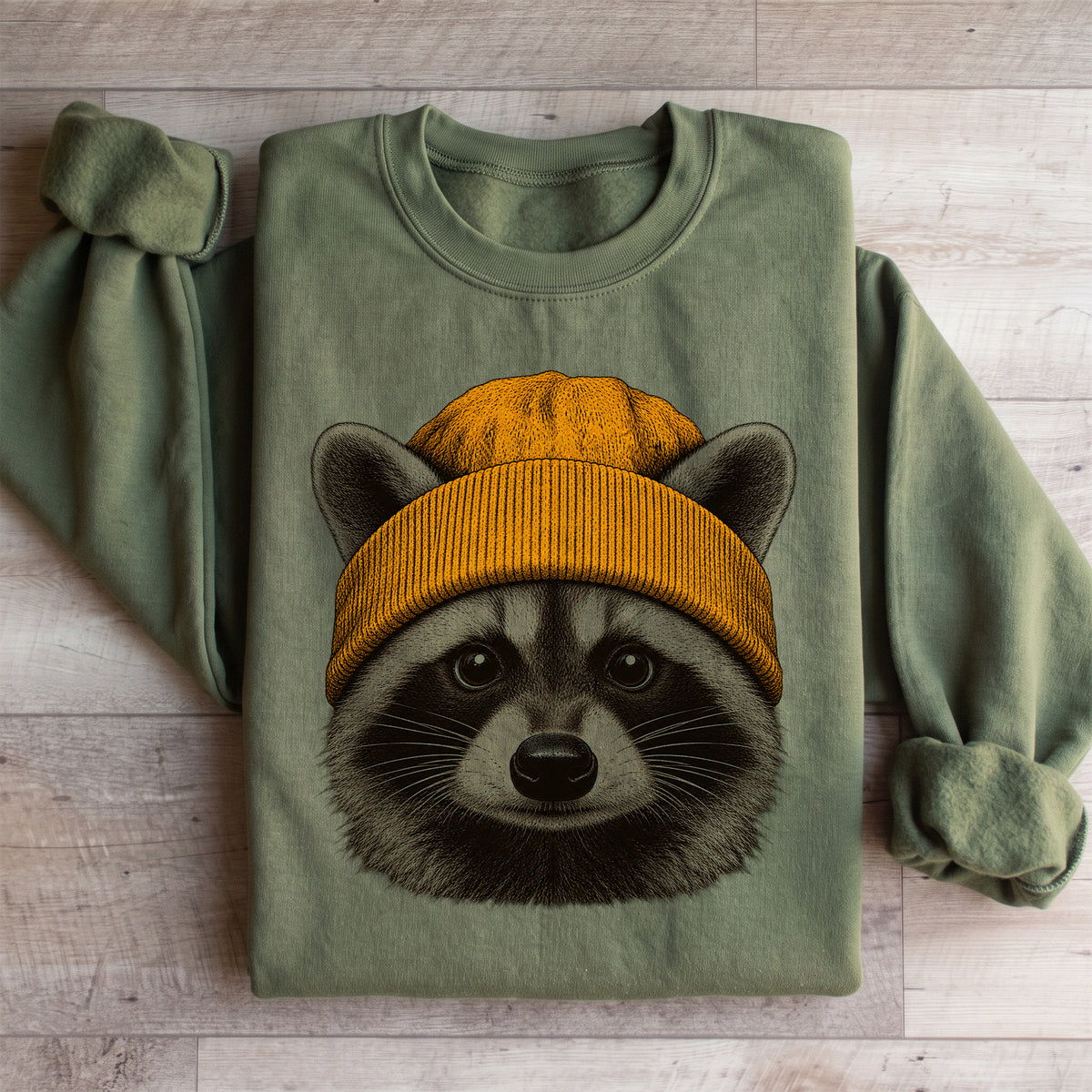 Sudadera con un mapache con gorro de lana