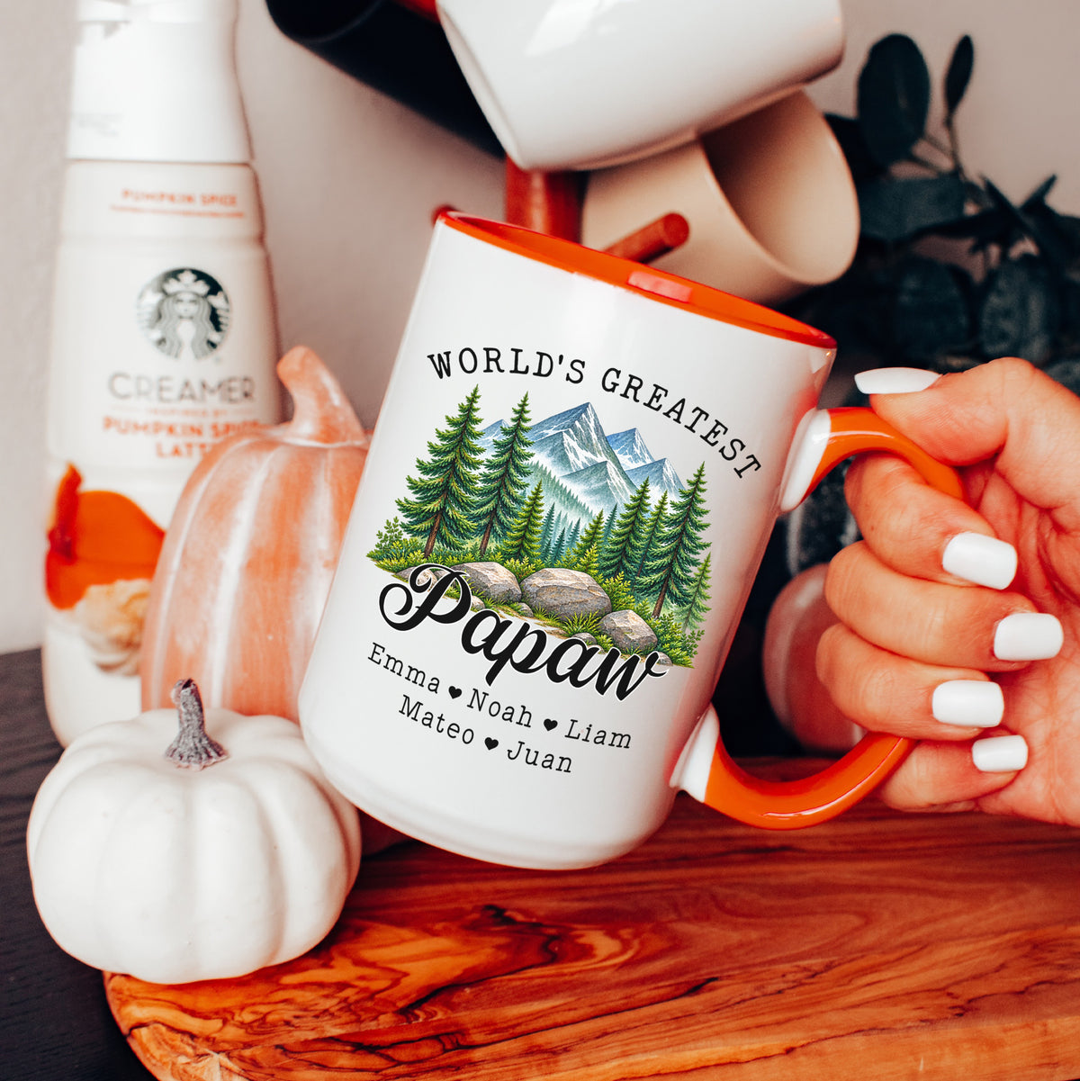 Personalisierte Papaw-Tasse mit den Namen der Kinder
