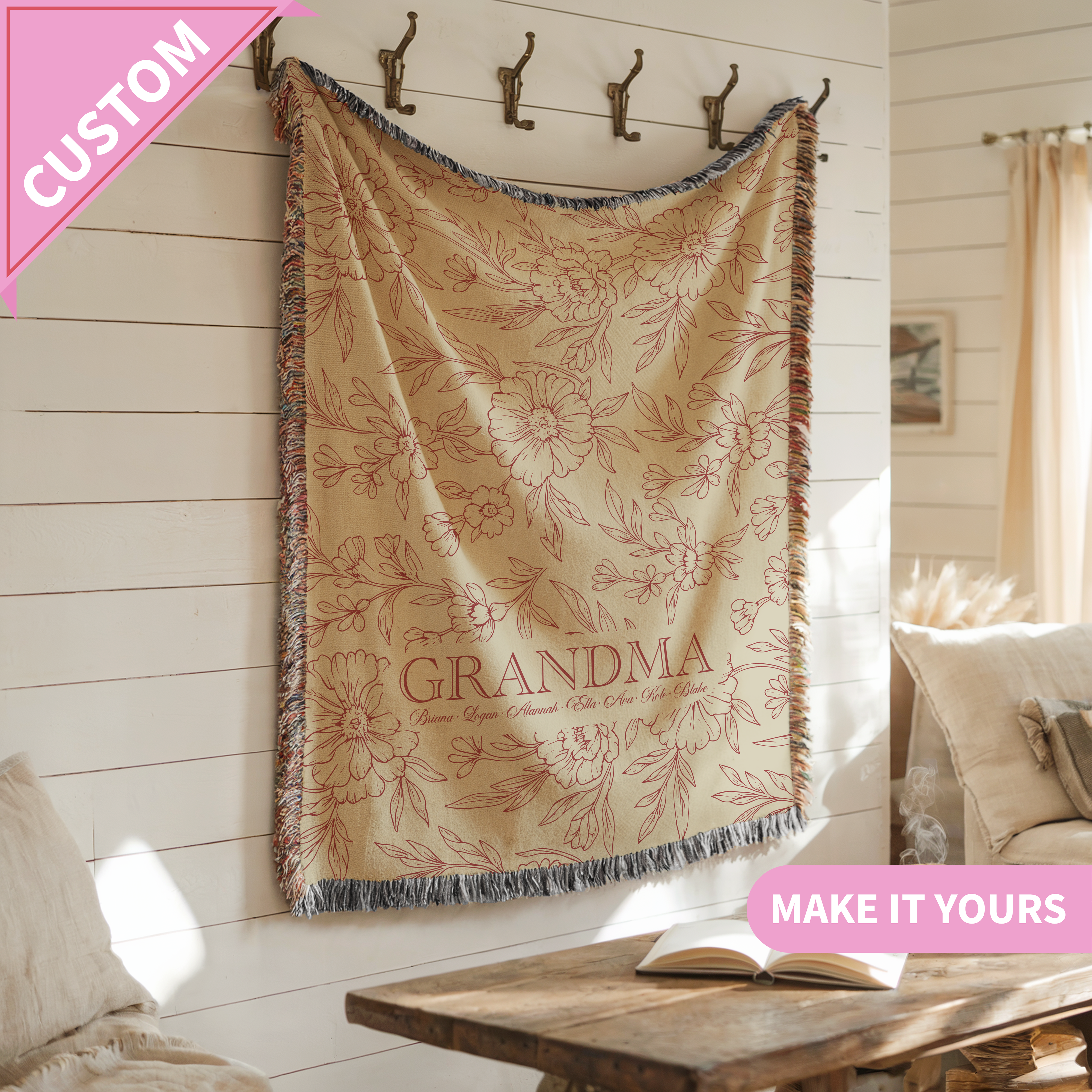 Custom Grandma Floral Woven Throw Blanket