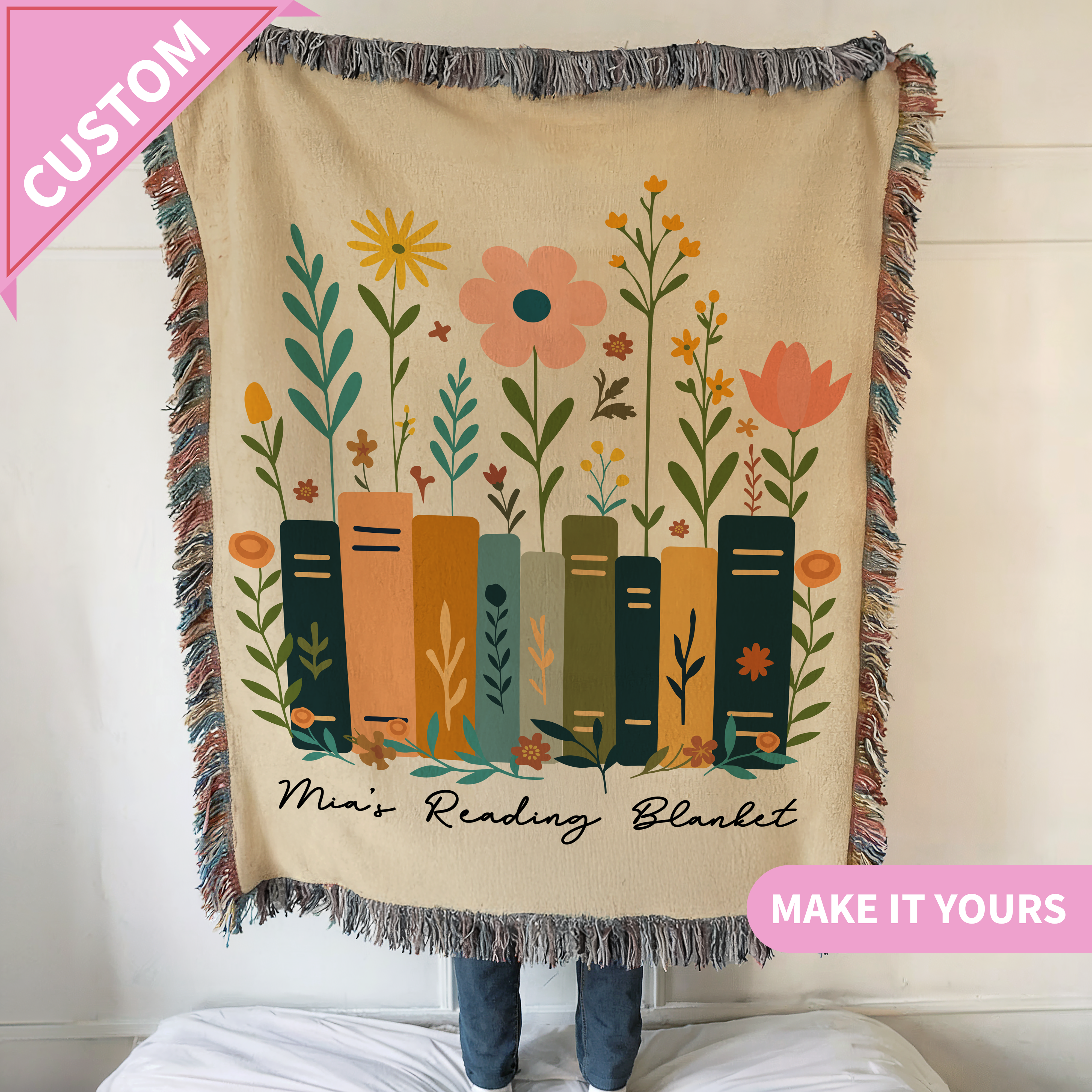 Personalized Book Lovers Custom Name Woven Reading Blanket