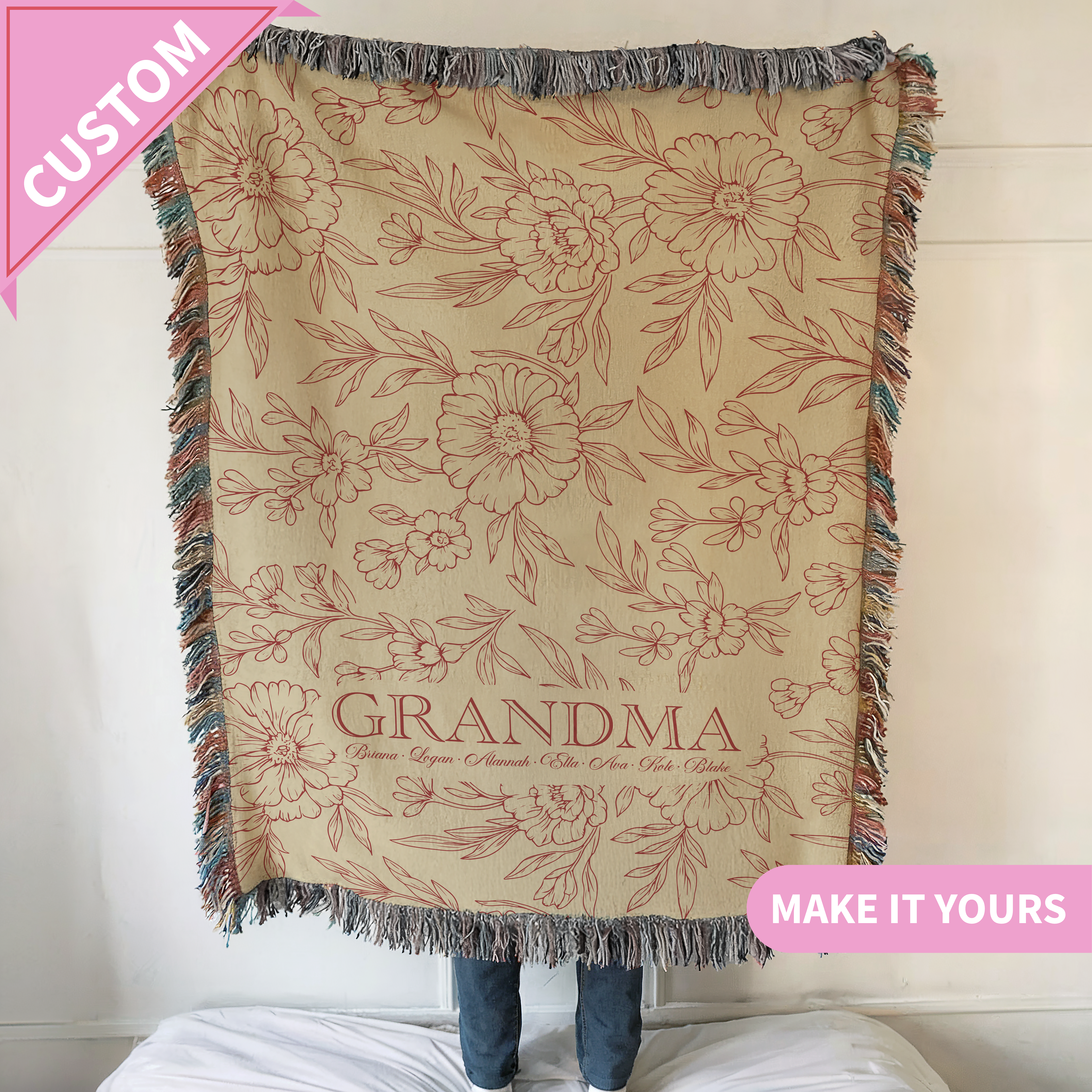 Custom Grandma Floral Woven Throw Blanket