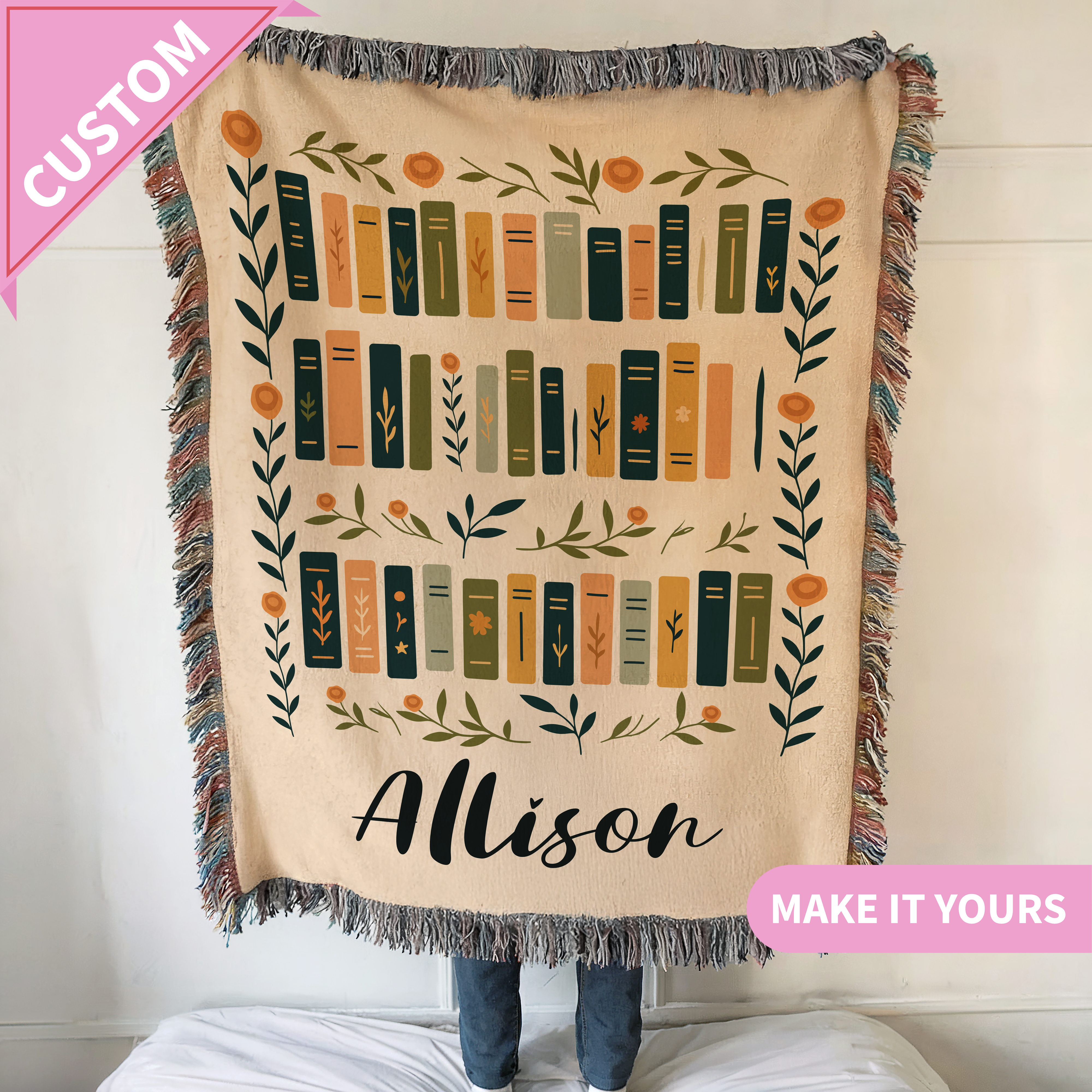 Custom Book Lover Floral Bookshelf Blanket
