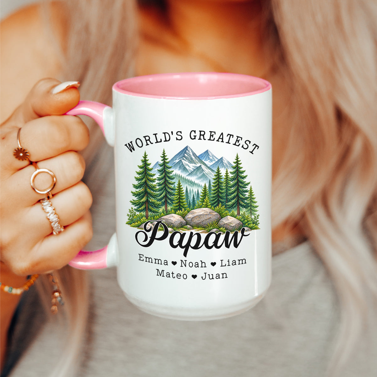 Personalisierte Papaw-Tasse mit den Namen der Kinder