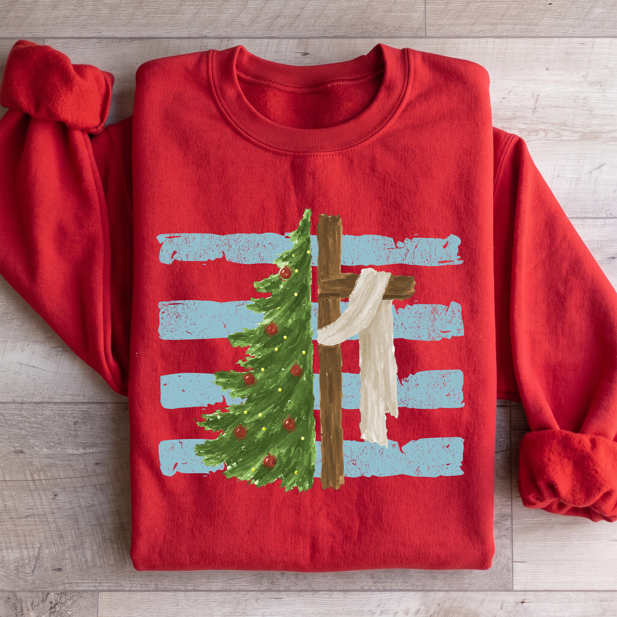 Festlicher Crewneck-Pullover für den christlichen Glauben – \"Weihnachtsbaum-Kreuz\"