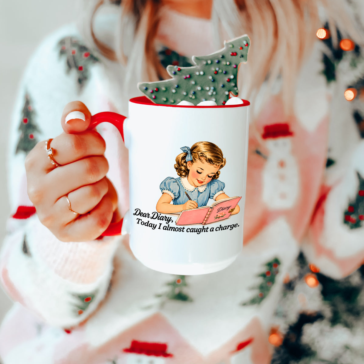 Sarcastic diary humor coffee mug in red handle trim