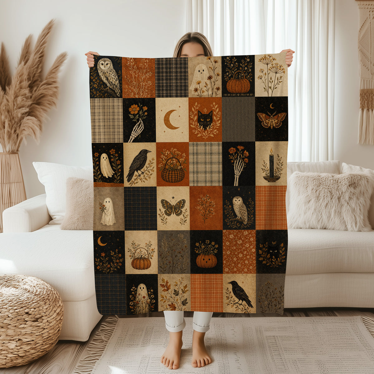 Vintage Spooky Fall Patchwork Blanket